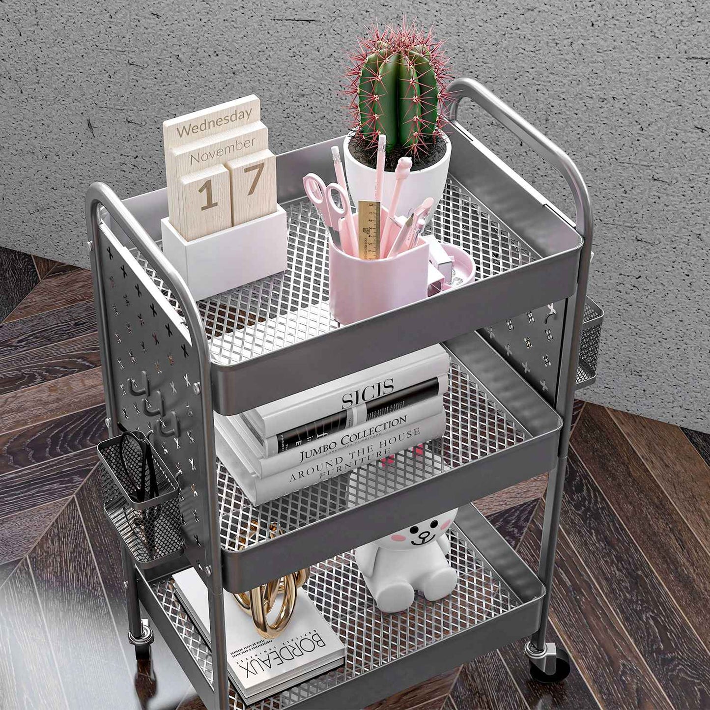 3-story kitchen trolley in dark gray steel with baskets