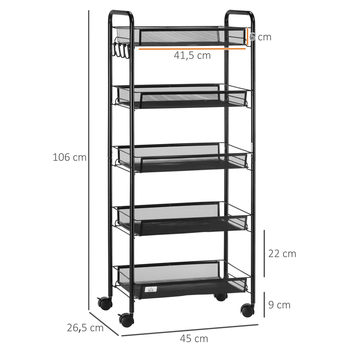 Kitchen cart, 4-story rolling cart with 5 baskets, black steel
