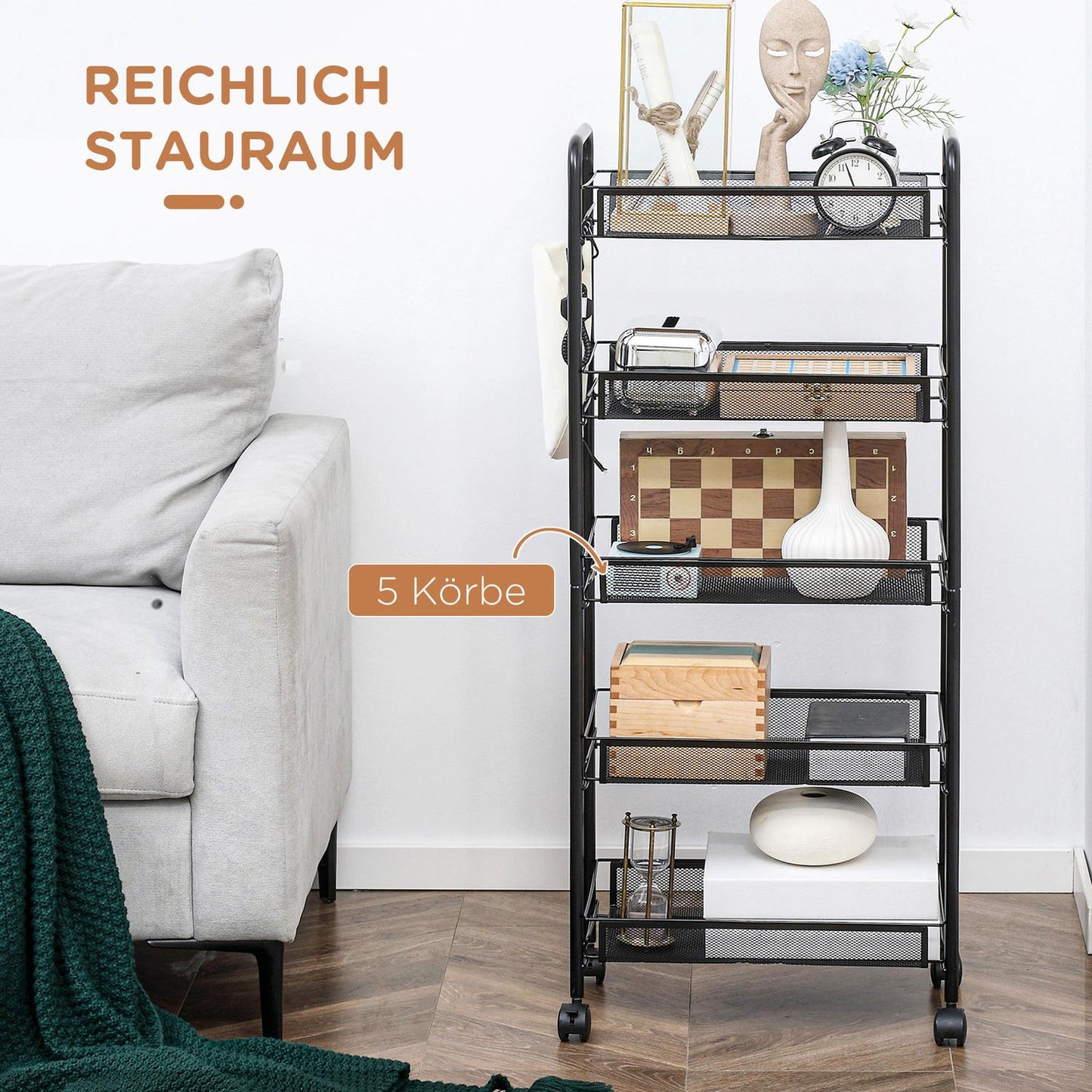 Kitchen cart, 4-story rolling cart with 5 baskets, black steel