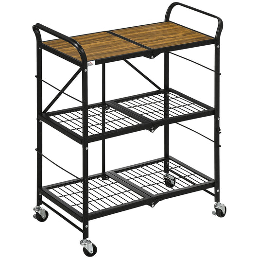 Folding kitchen trolley, 3-layer steel, brown/black