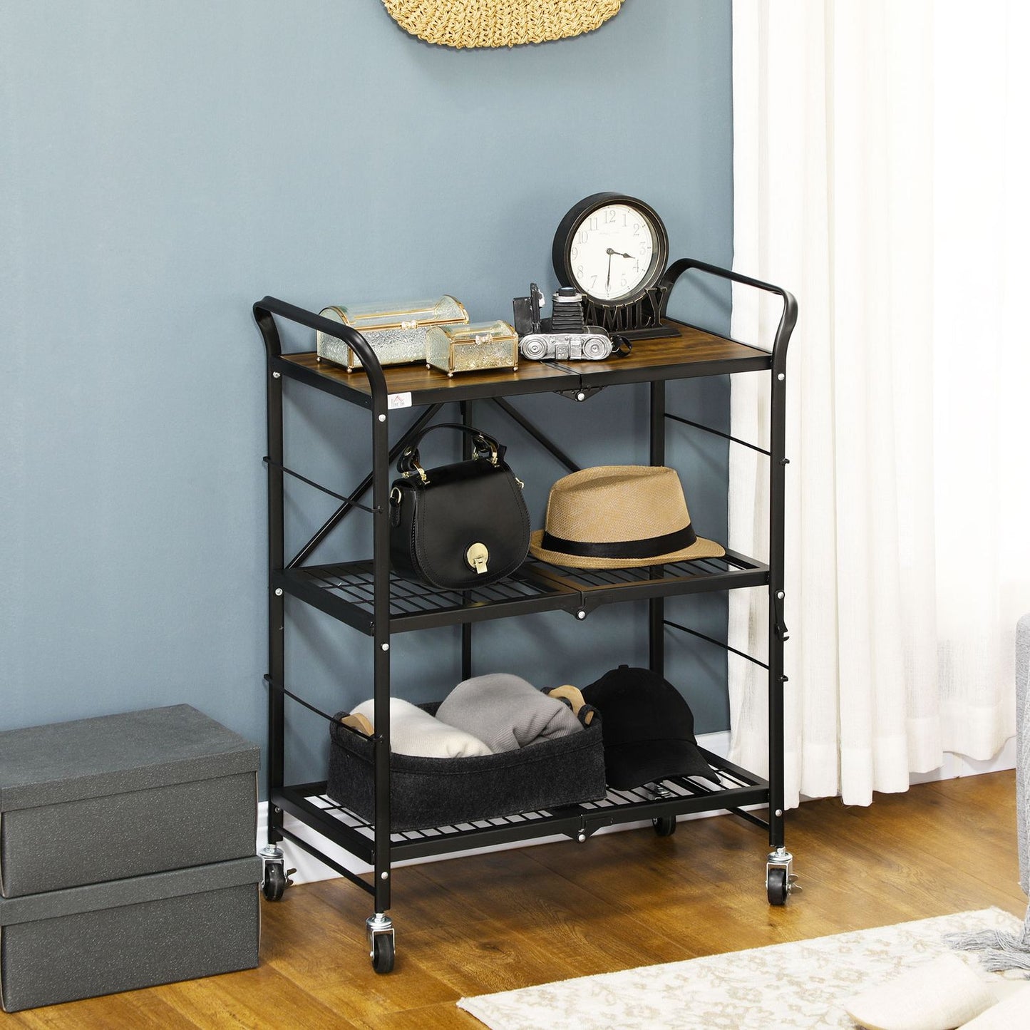 Folding kitchen trolley, 3-layer steel, brown/black