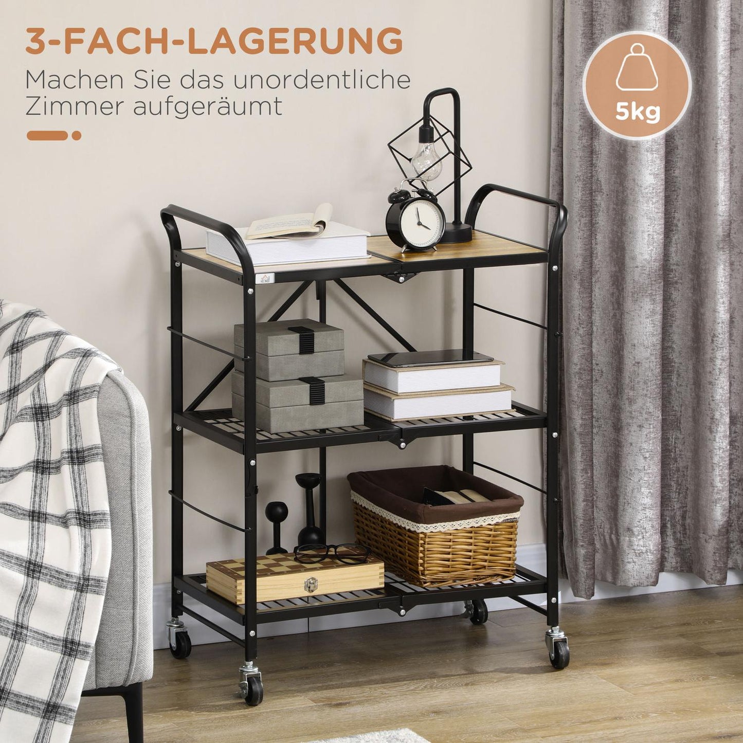 Folding kitchen trolley, 3-layer steel, brown/black