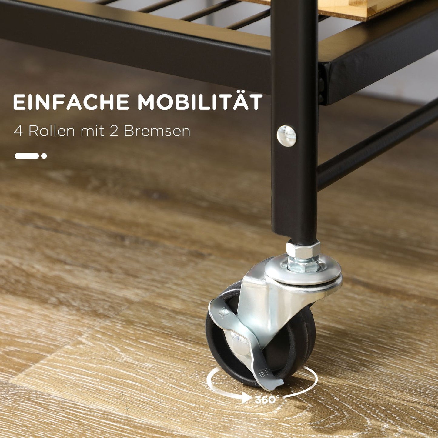 Folding kitchen trolley, 3-layer steel, brown/black