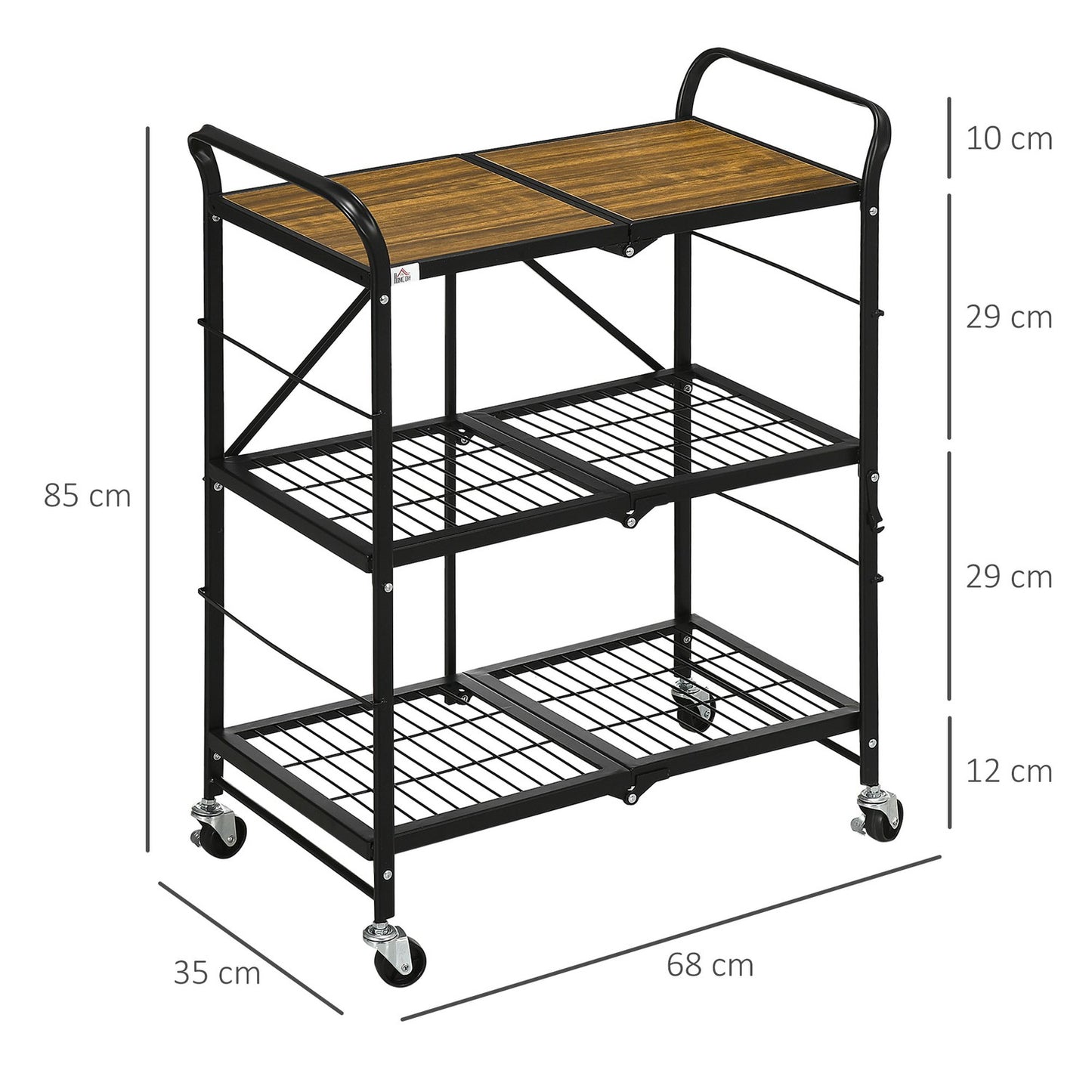 Folding kitchen trolley, 3-layer steel, brown/black