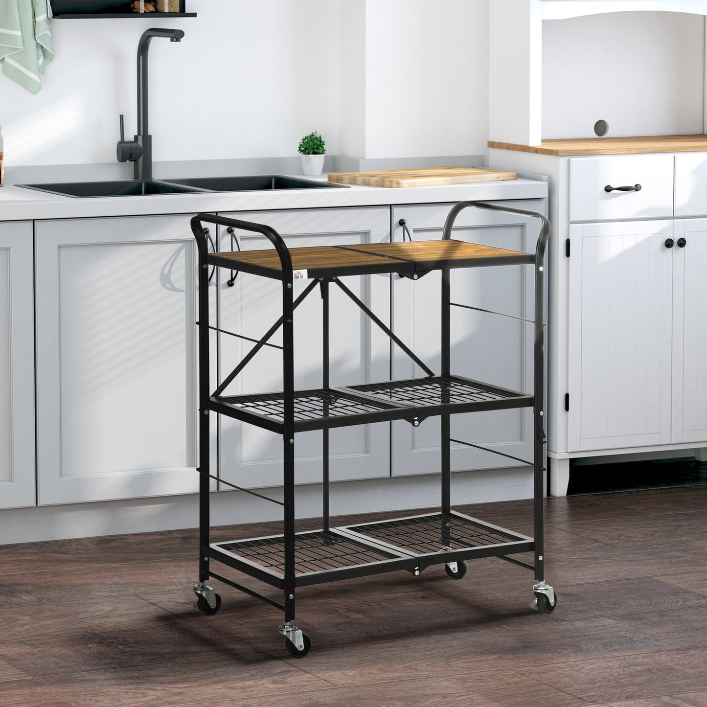 Folding kitchen trolley, 3-layer steel, brown/black