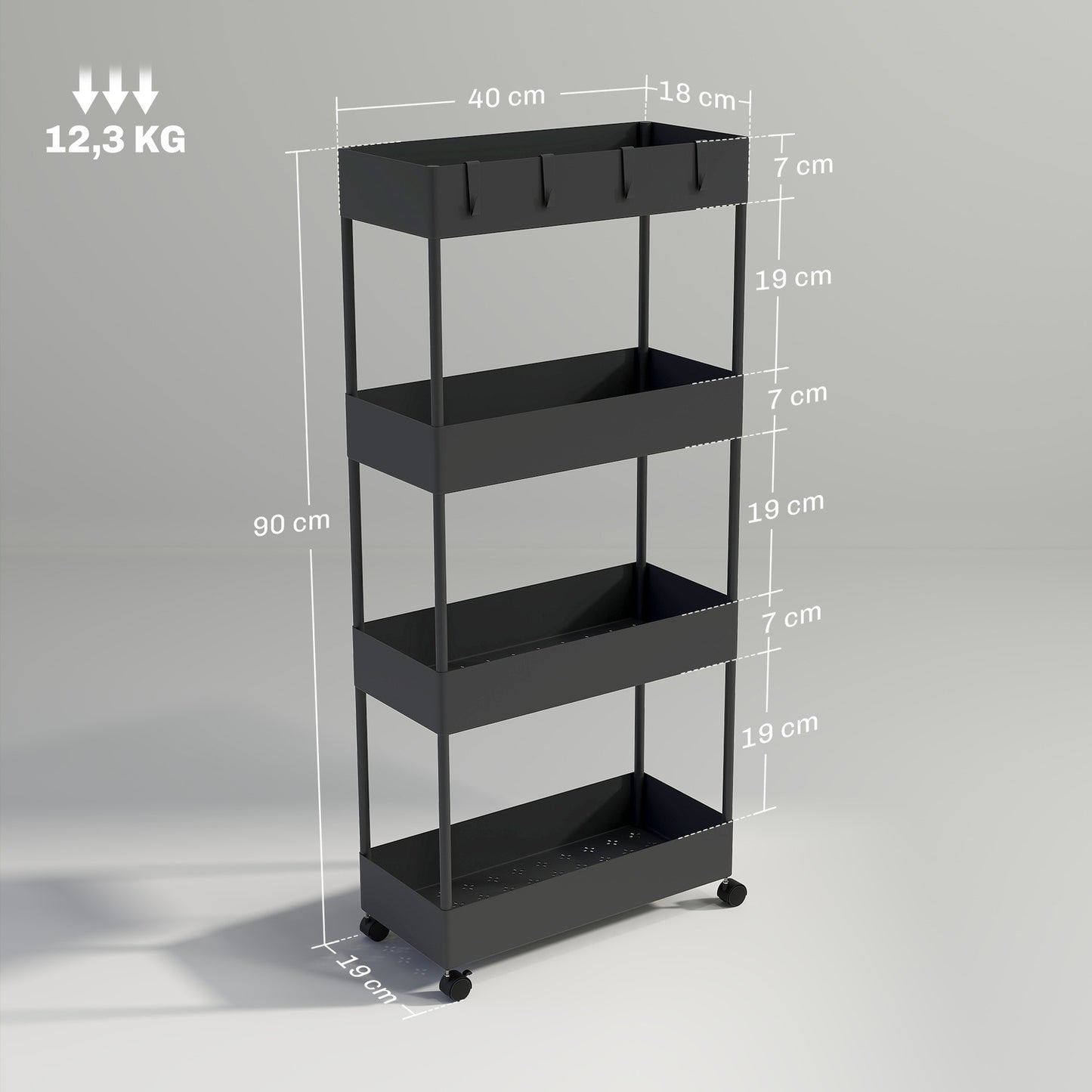 4-story rolling kitchen cart with wheels, black plastic
