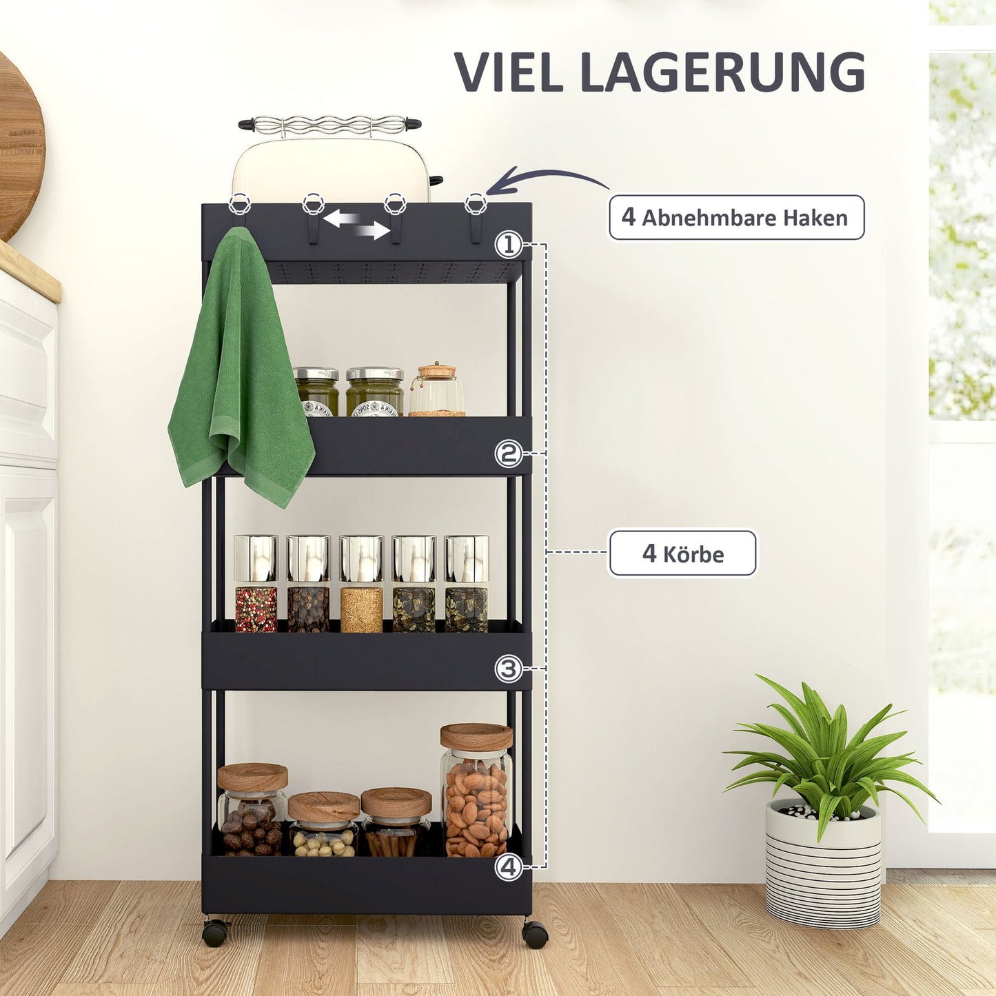 4-story rolling kitchen cart with wheels, black plastic
