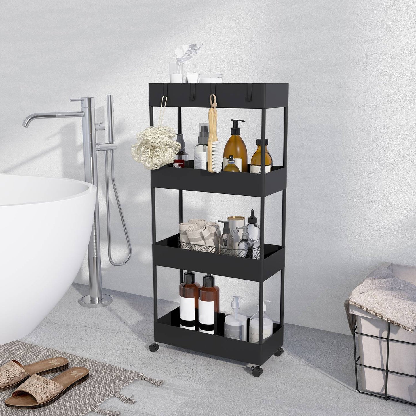 4-story rolling kitchen cart with wheels, black plastic