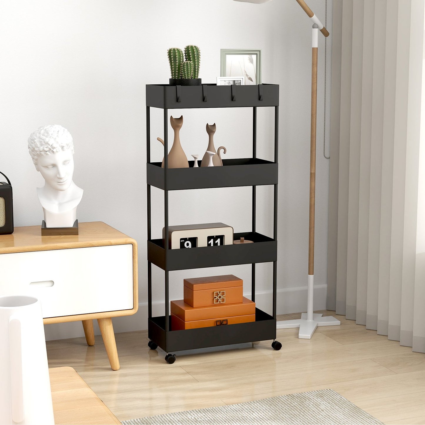 4-story rolling kitchen cart with wheels, black plastic