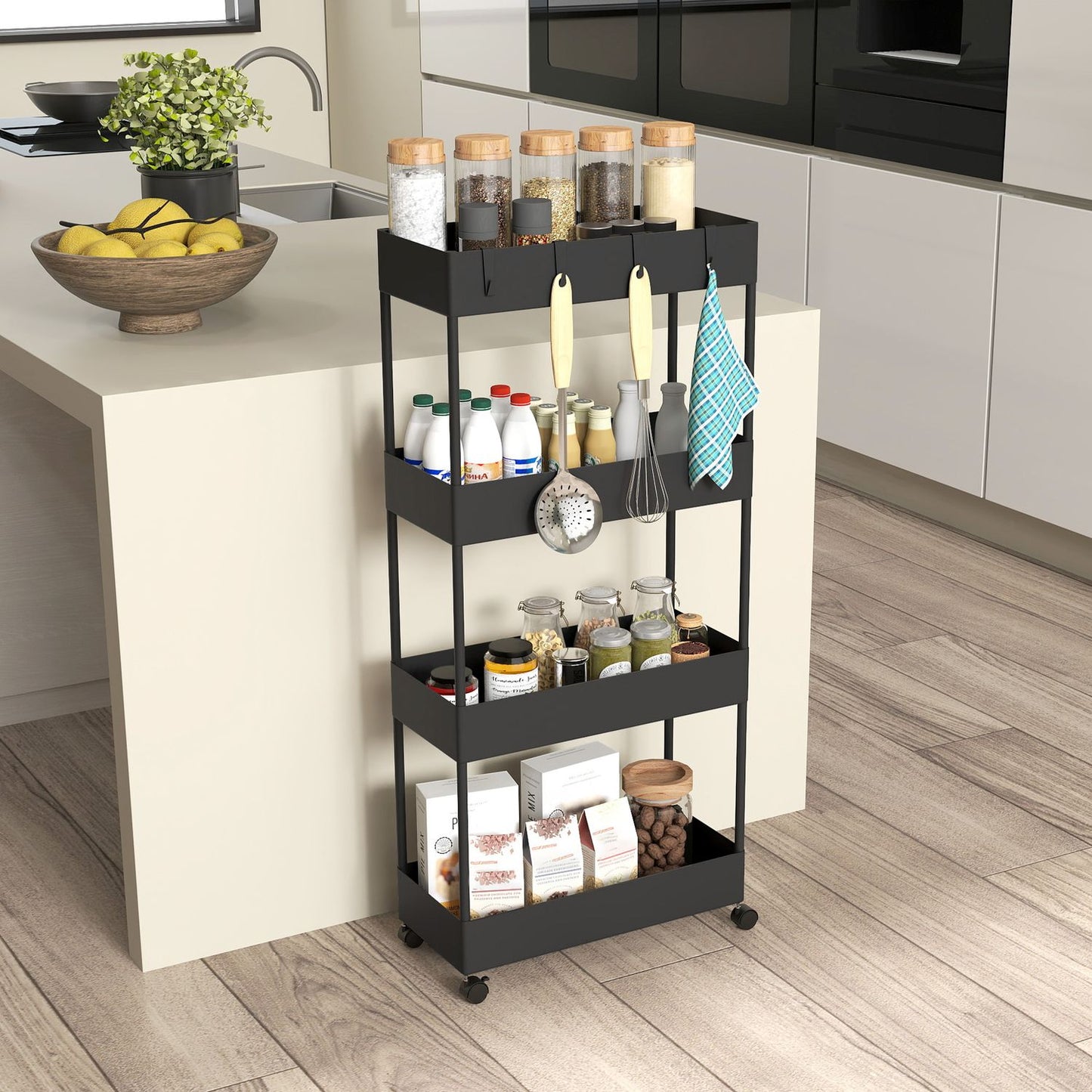 4-story rolling kitchen cart with wheels, black plastic