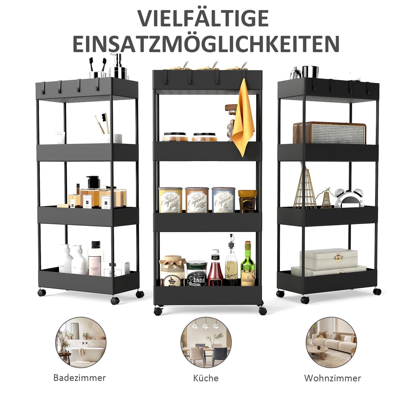 4-story rolling kitchen cart with wheels, black plastic