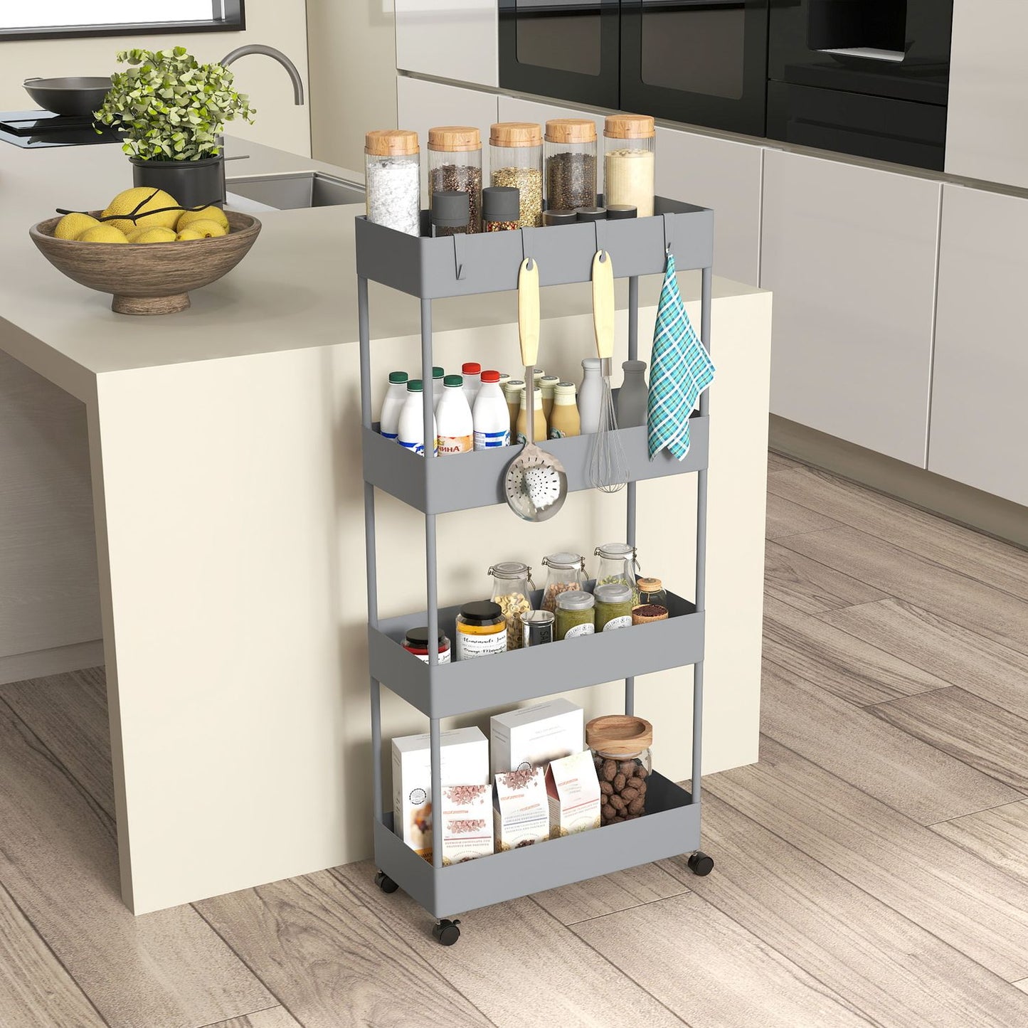 4-tier kitchen storage trolley with wheels, plastic, grey