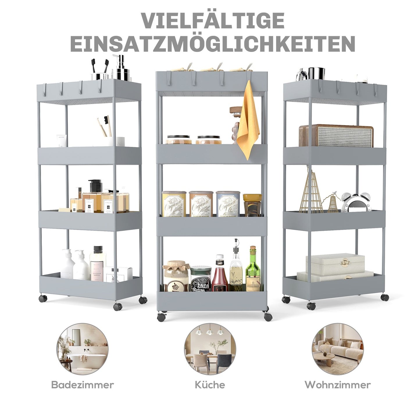 4-tier kitchen storage trolley with wheels, plastic, grey