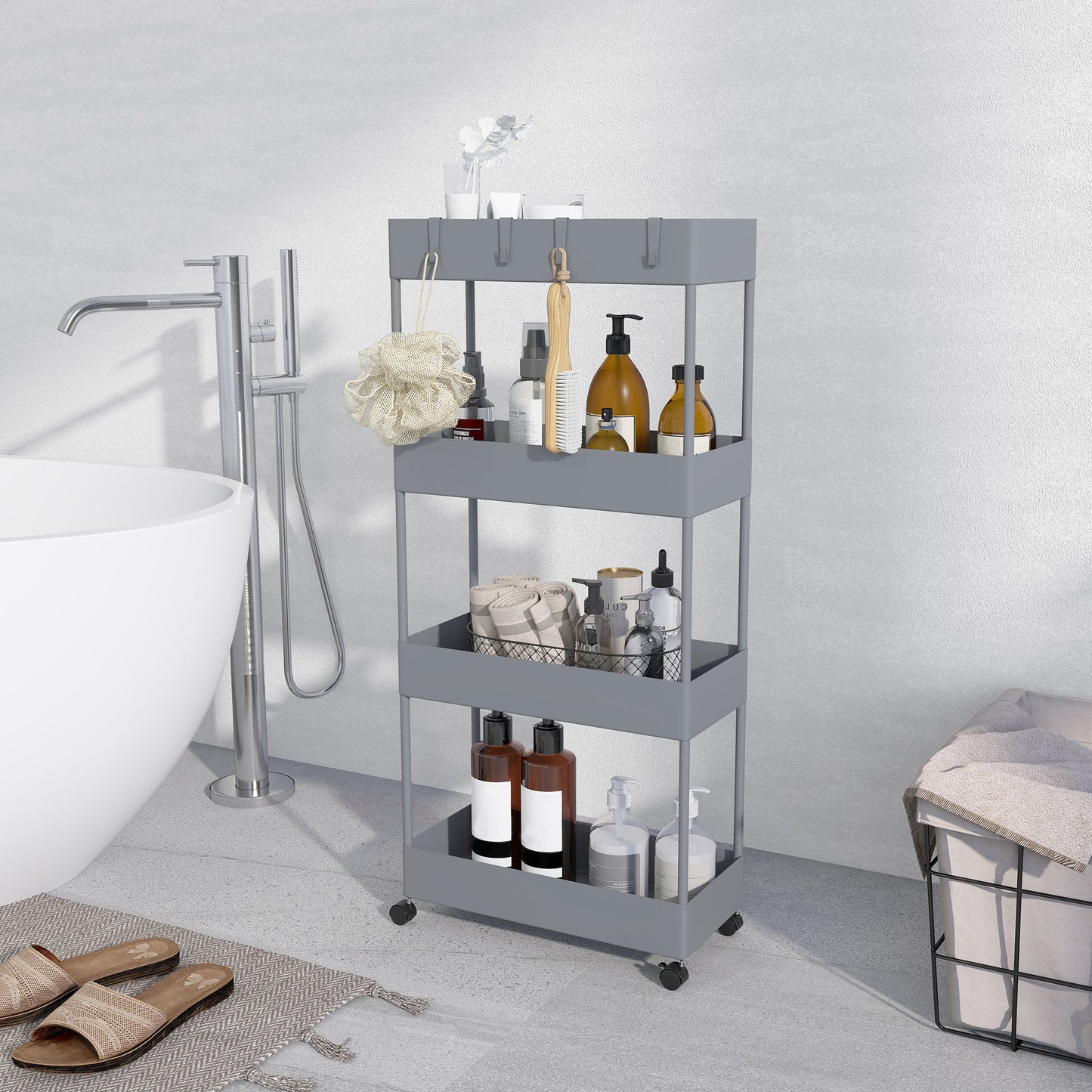 4-tier kitchen storage trolley with wheels, plastic, grey
