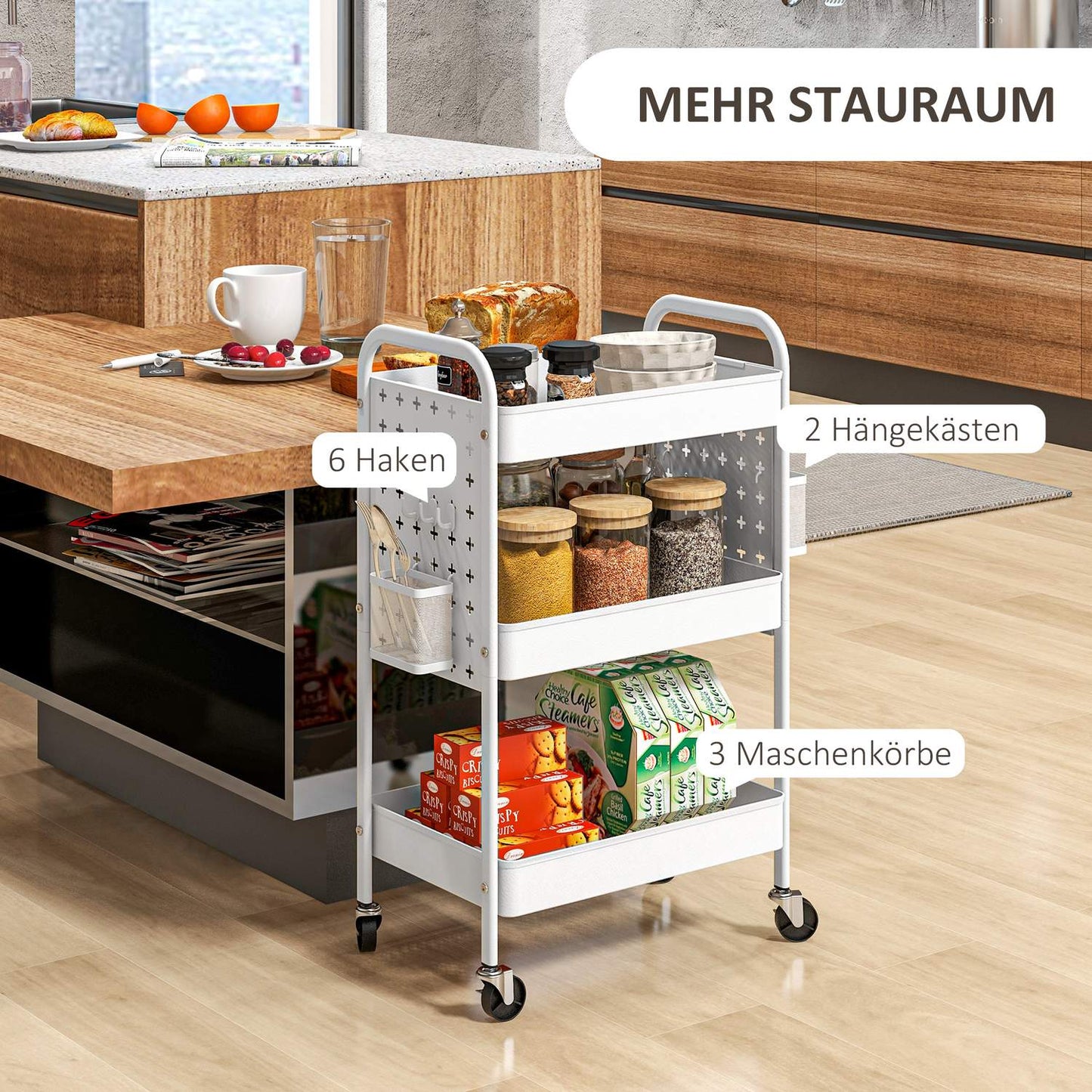 Rolling kitchen trolley - 3 tiers & 2 baskets, white steel