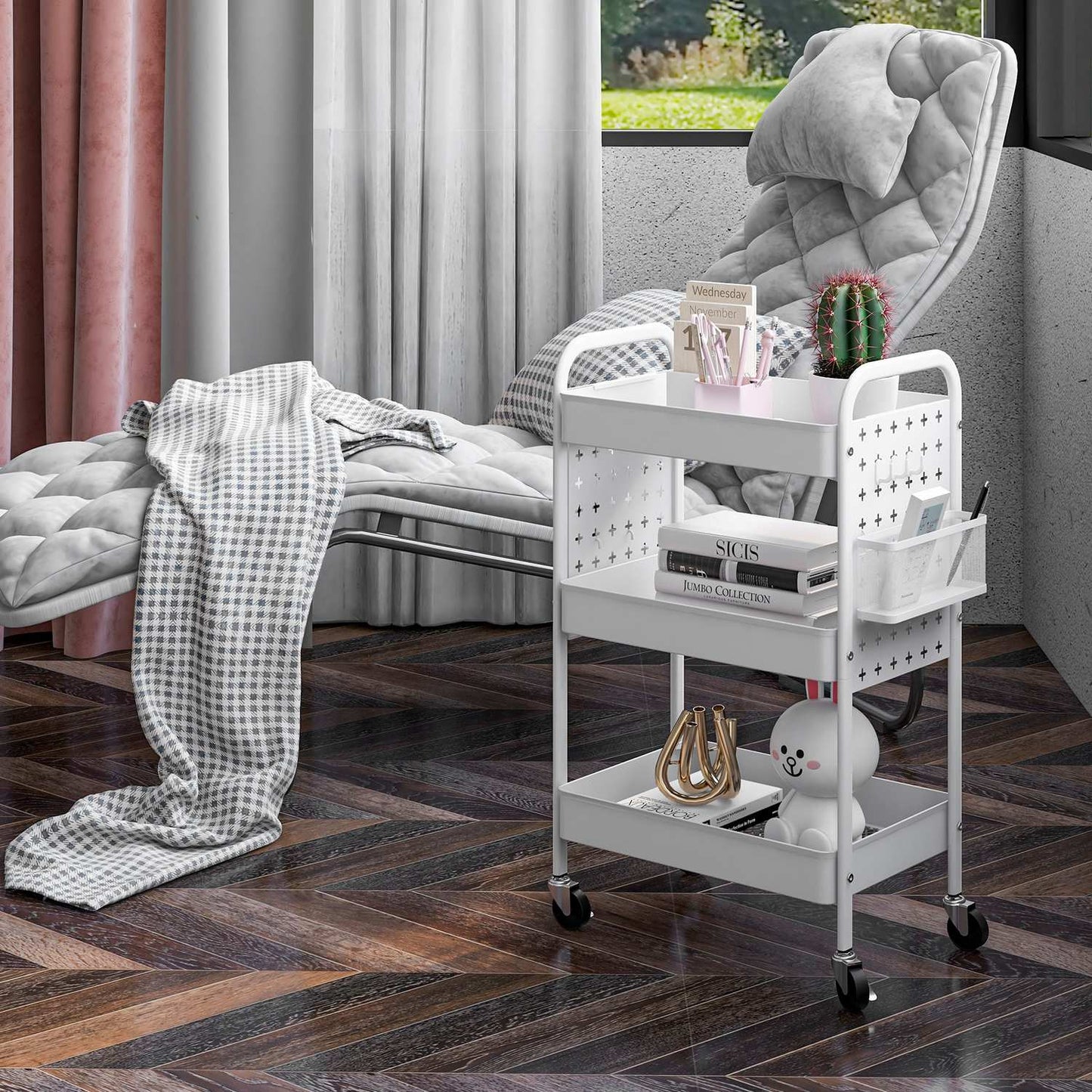 Rolling kitchen trolley - 3 tiers & 2 baskets, white steel