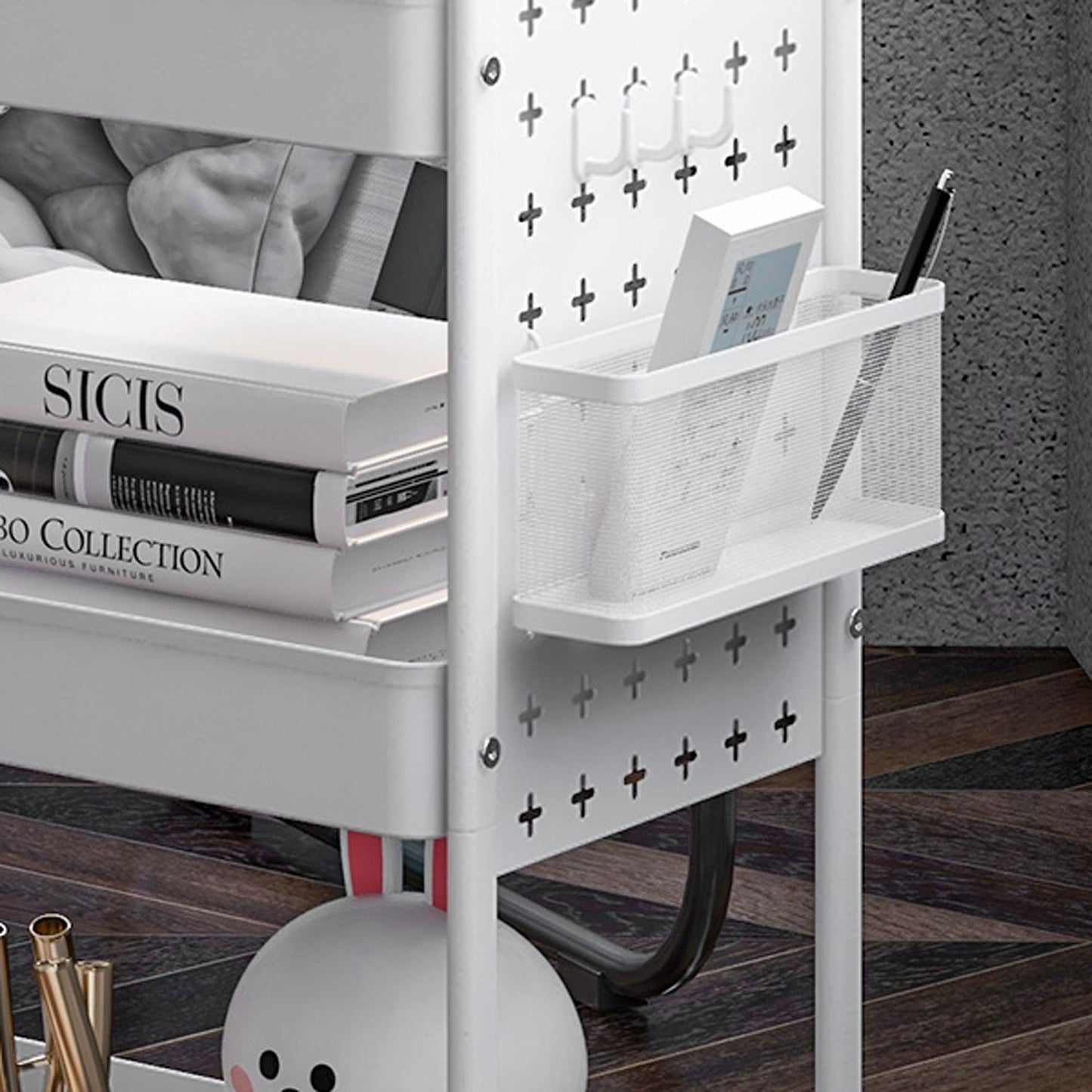 Rolling kitchen trolley - 3 tiers & 2 baskets, white steel