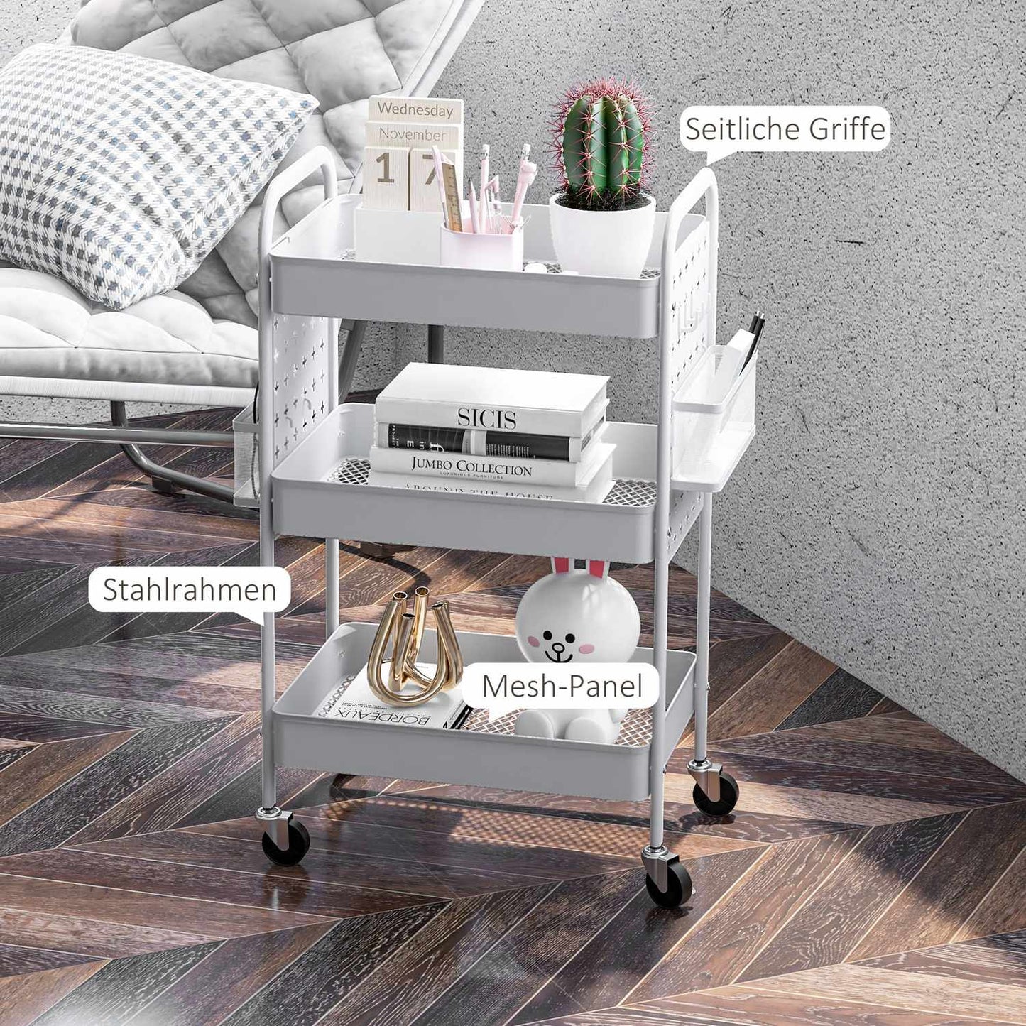 Rolling kitchen trolley - 3 tiers & 2 baskets, white steel