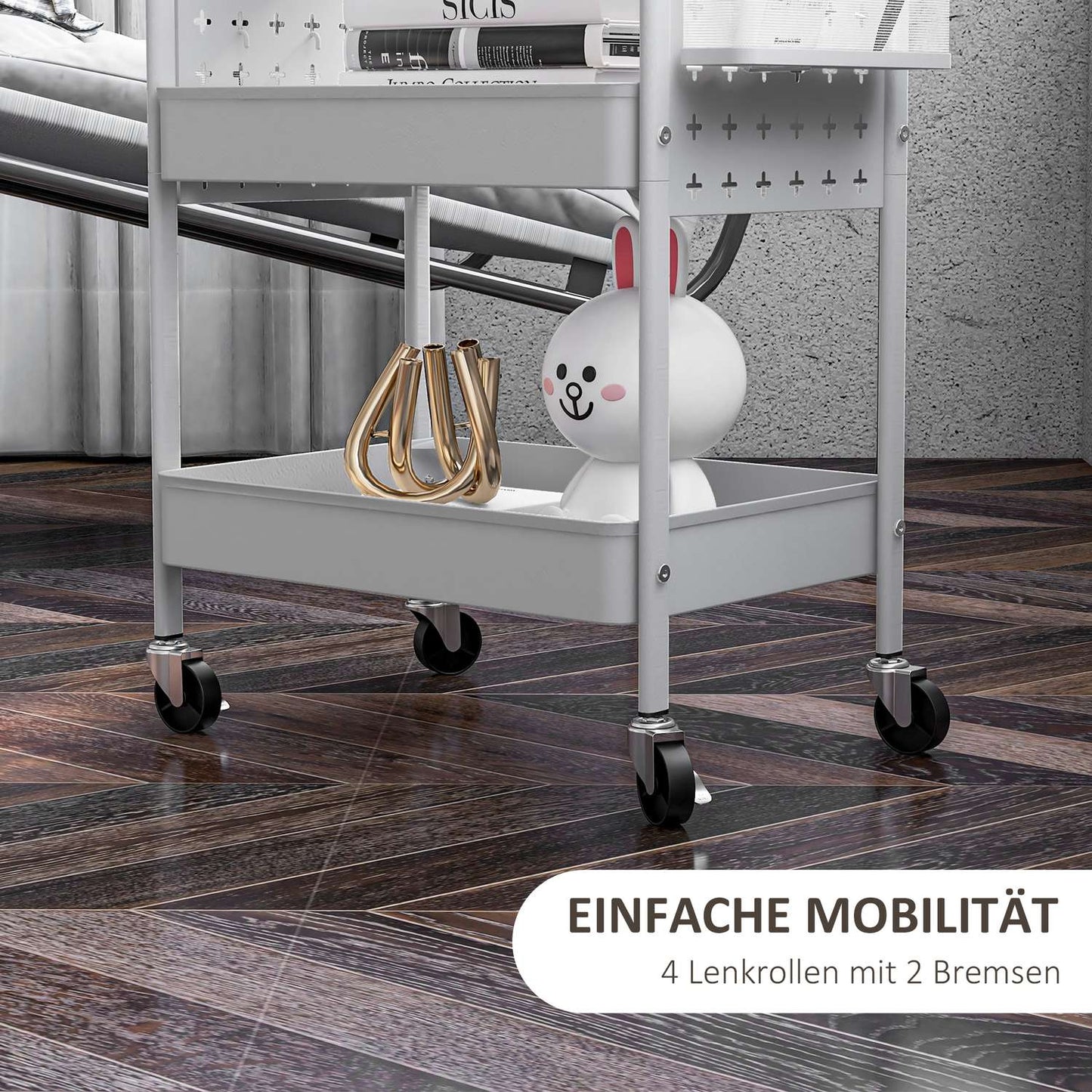 Rolling kitchen trolley - 3 tiers & 2 baskets, white steel
