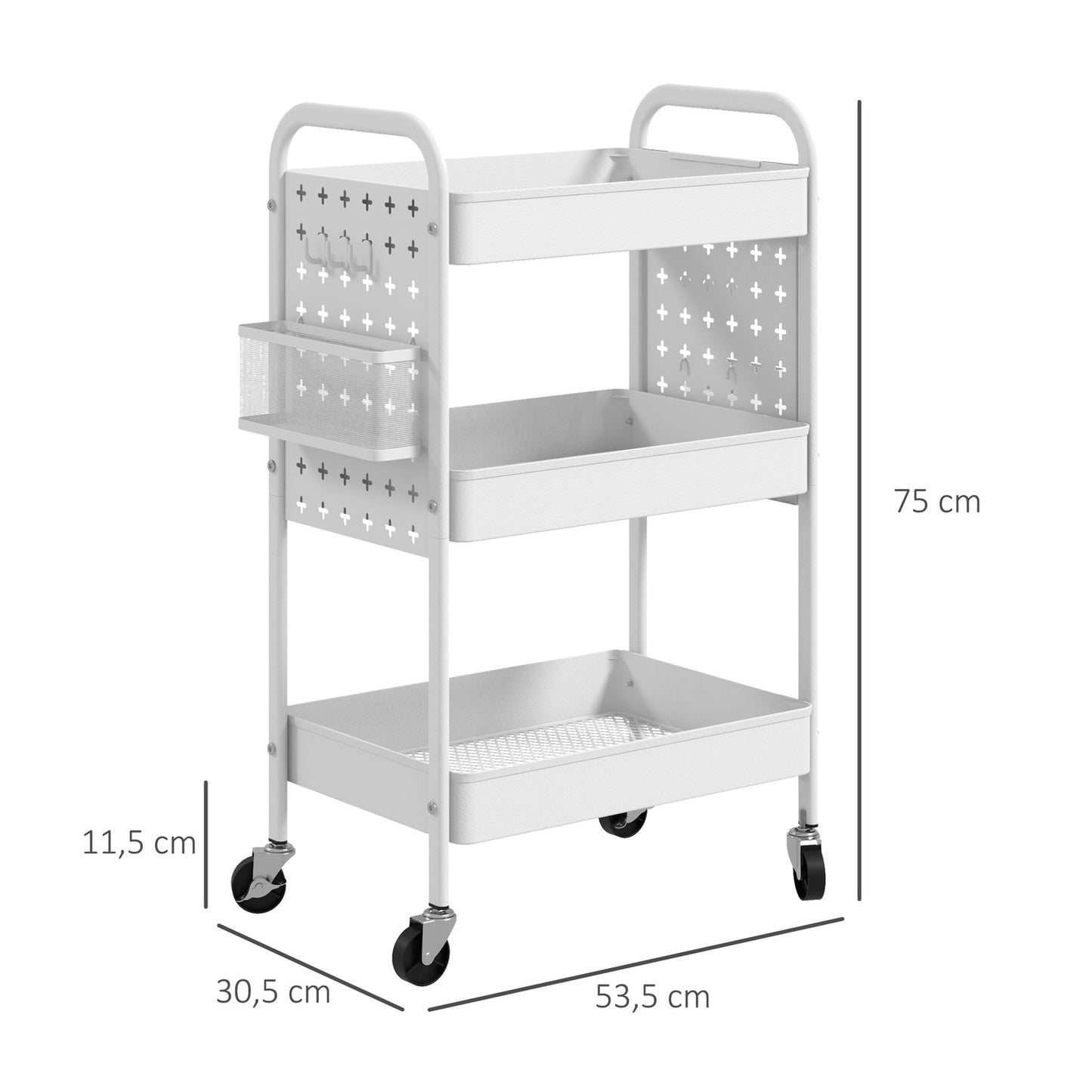 Rolling kitchen trolley - 3 tiers & 2 baskets, white steel
