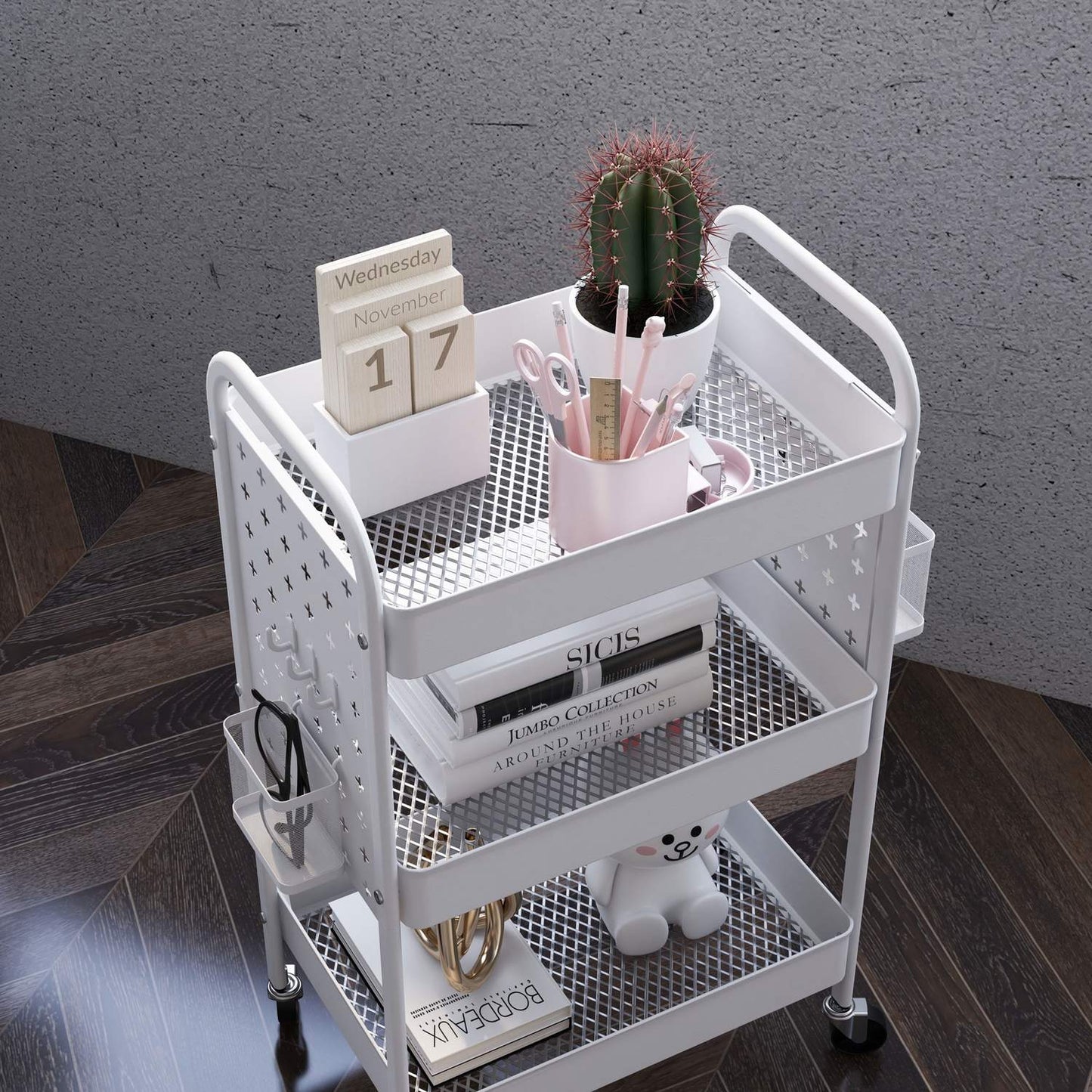 Rolling kitchen trolley - 3 tiers & 2 baskets, white steel