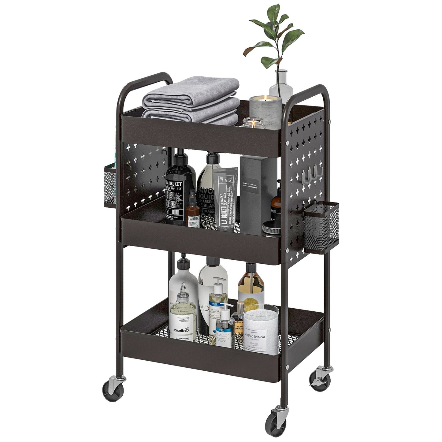 Black steel kitchen trolley, 3 floors, 2 baskets