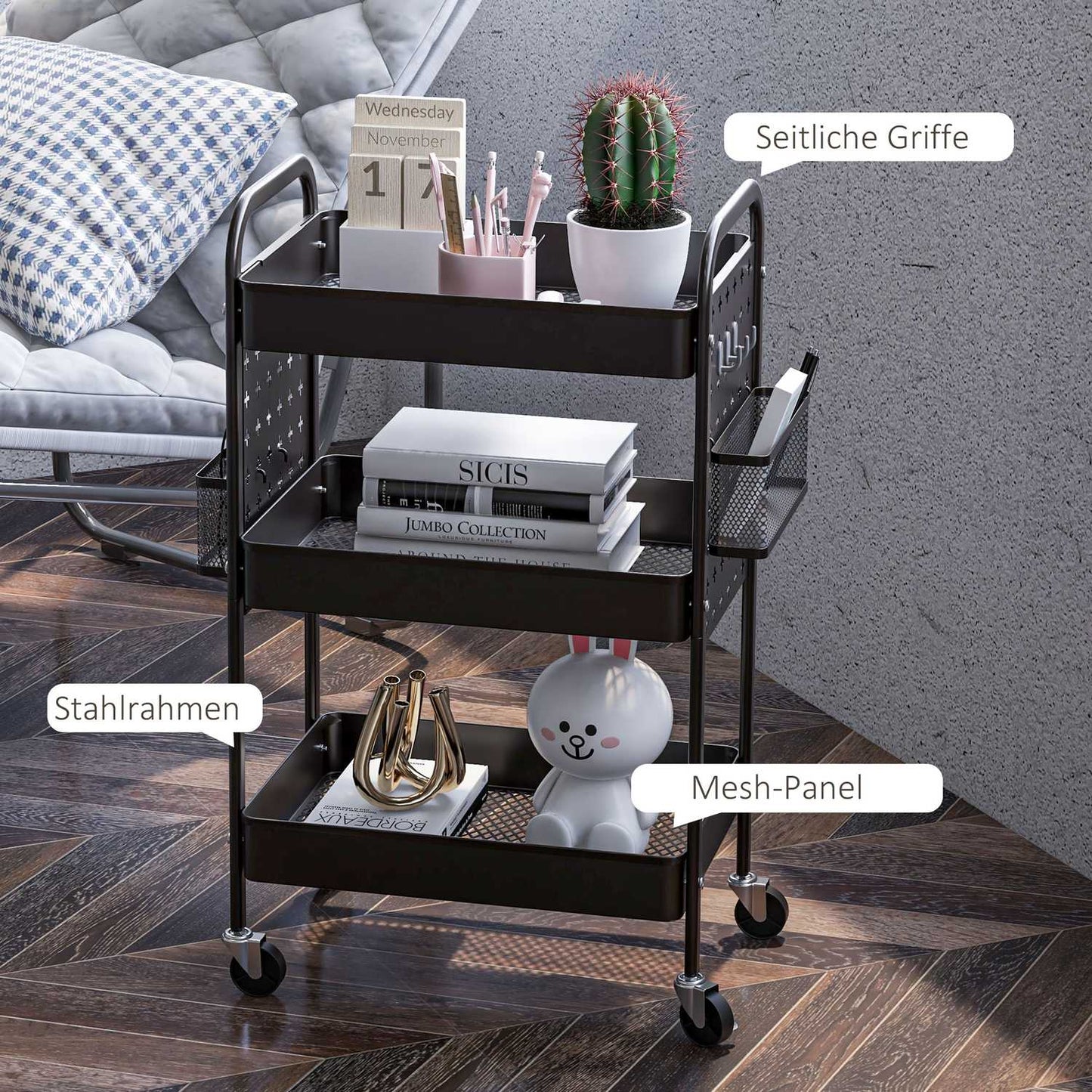Black steel kitchen trolley, 3 floors, 2 baskets