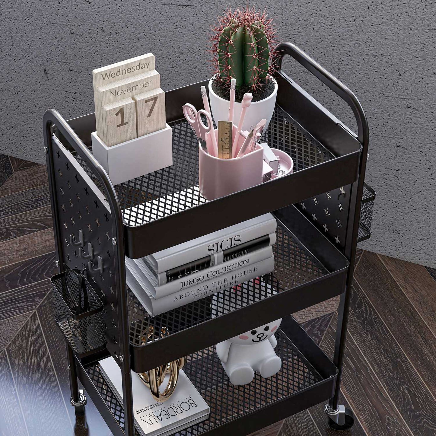 Black steel kitchen trolley, 3 floors, 2 baskets
