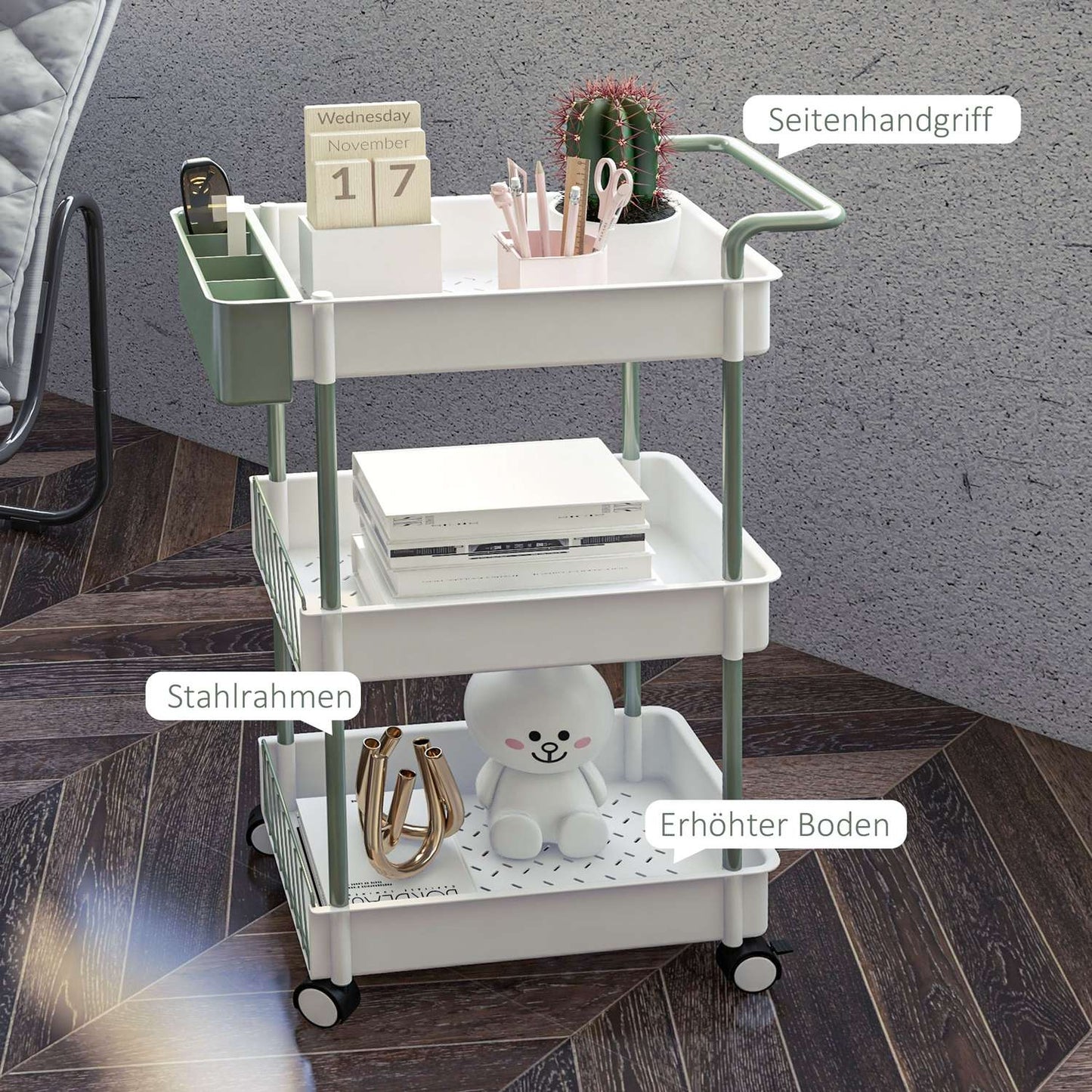 3-story rolling kitchen trolley with basket, steel – white