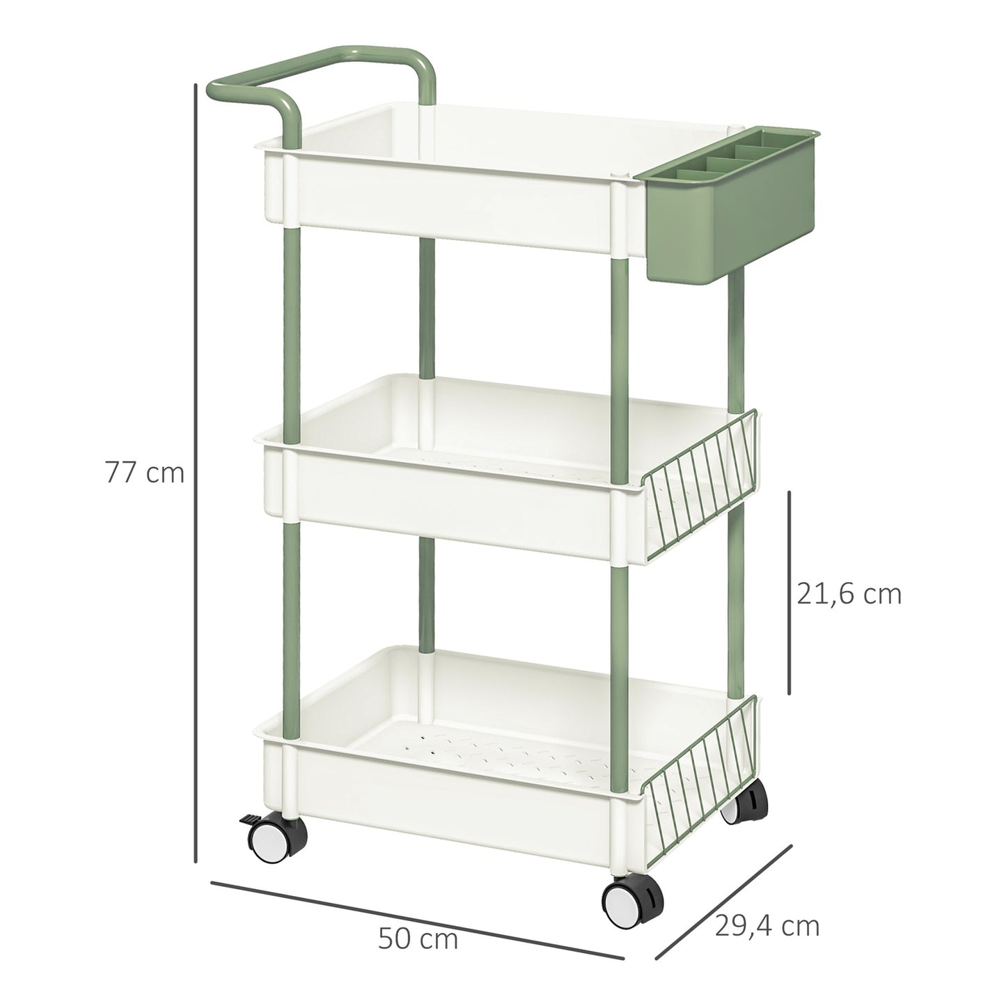 3-story rolling kitchen trolley with basket, steel – white