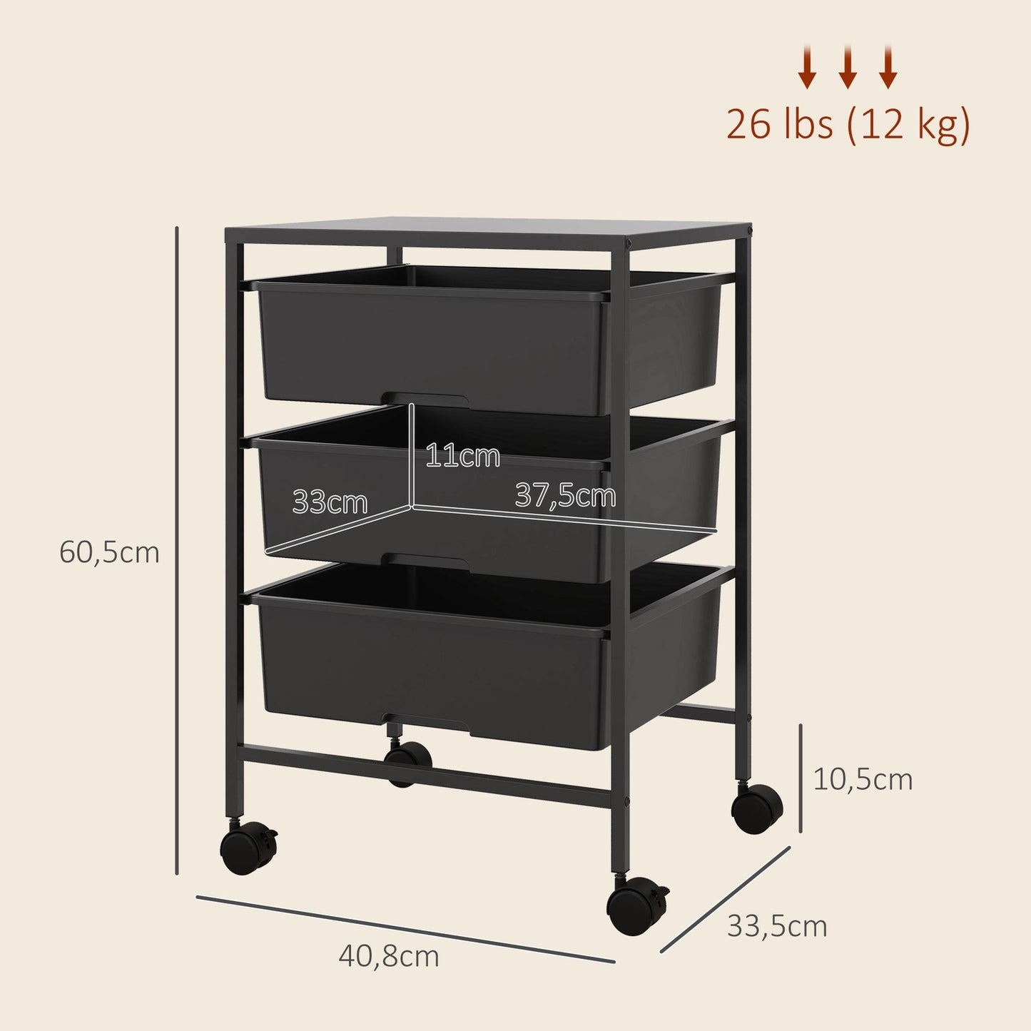 3-tier rolling kitchen storage cart, black