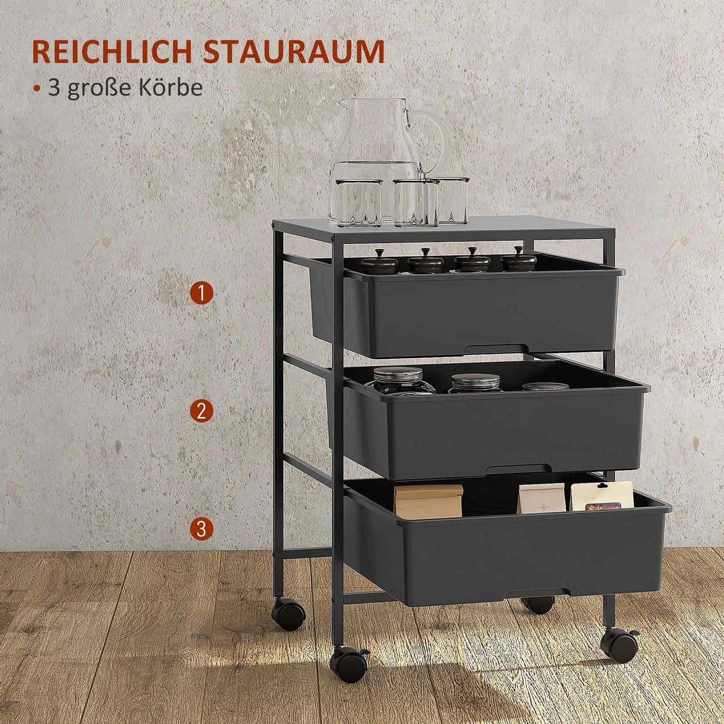 3-tier rolling kitchen storage cart, black