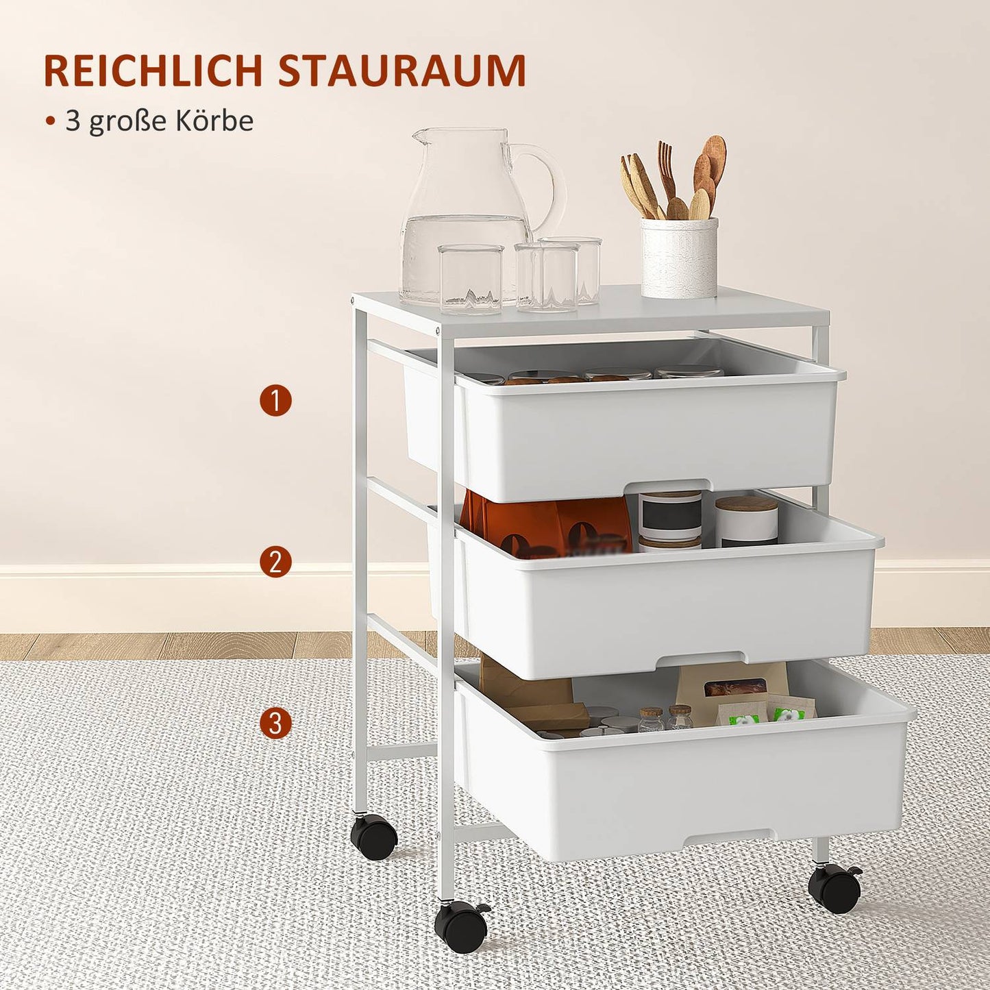 White 3-tier rolling storage trolley for kitchen & living room