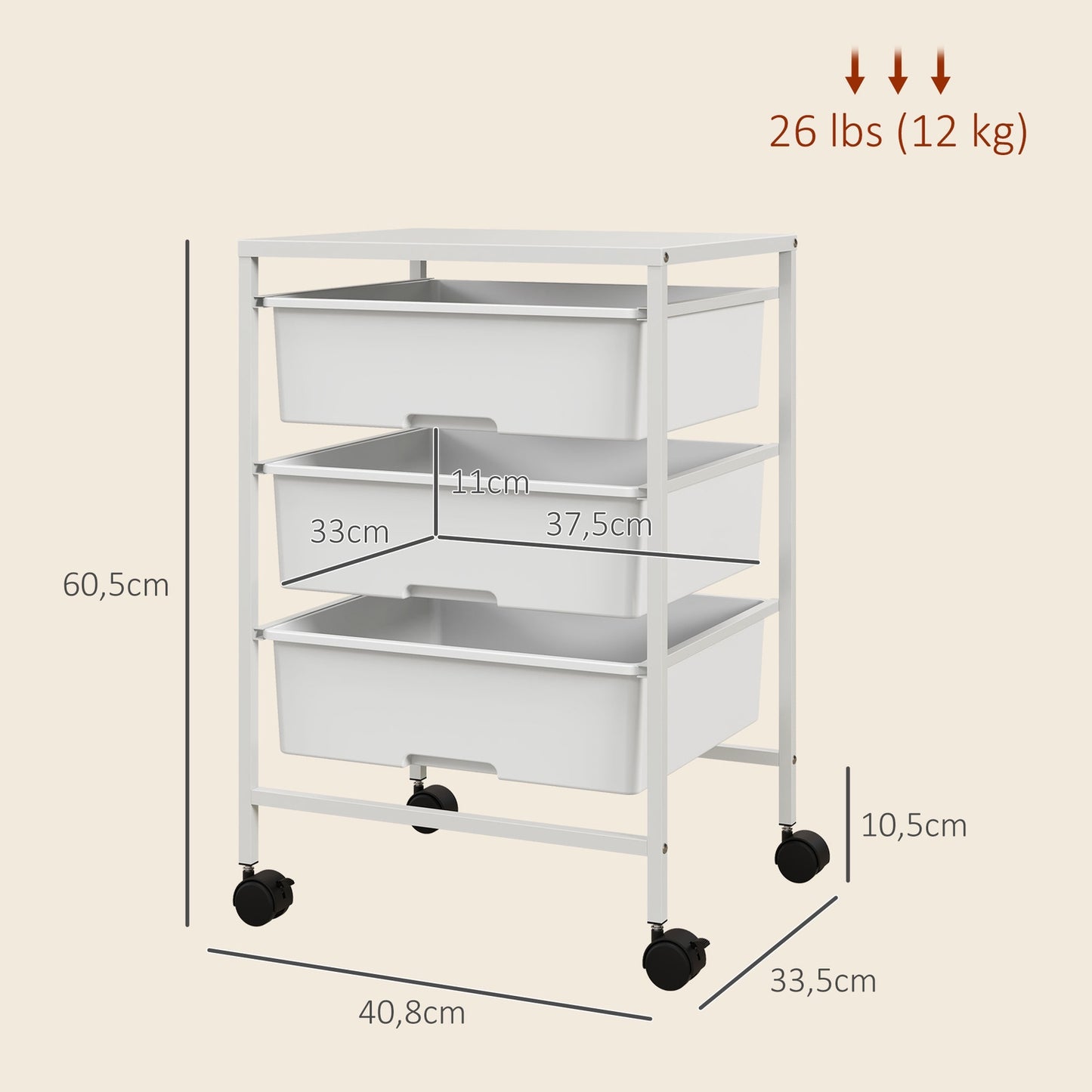 White 3-tier rolling storage trolley for kitchen & living room