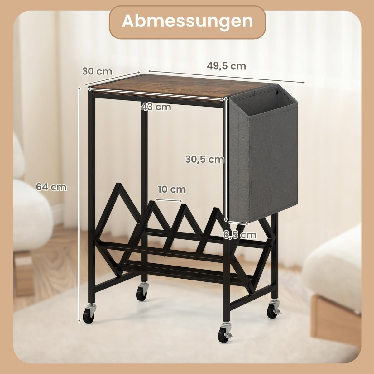 Rolling Turntable Stand with Vinyl Storage, Rustic Brown