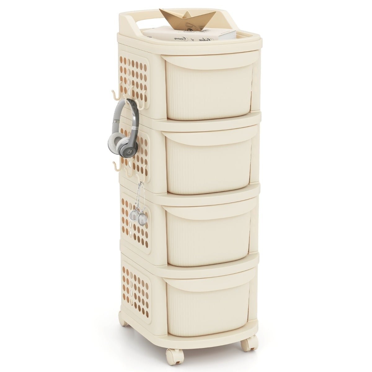 Rolling Utility Cart with 4 Drawers & Pegboard Hooks