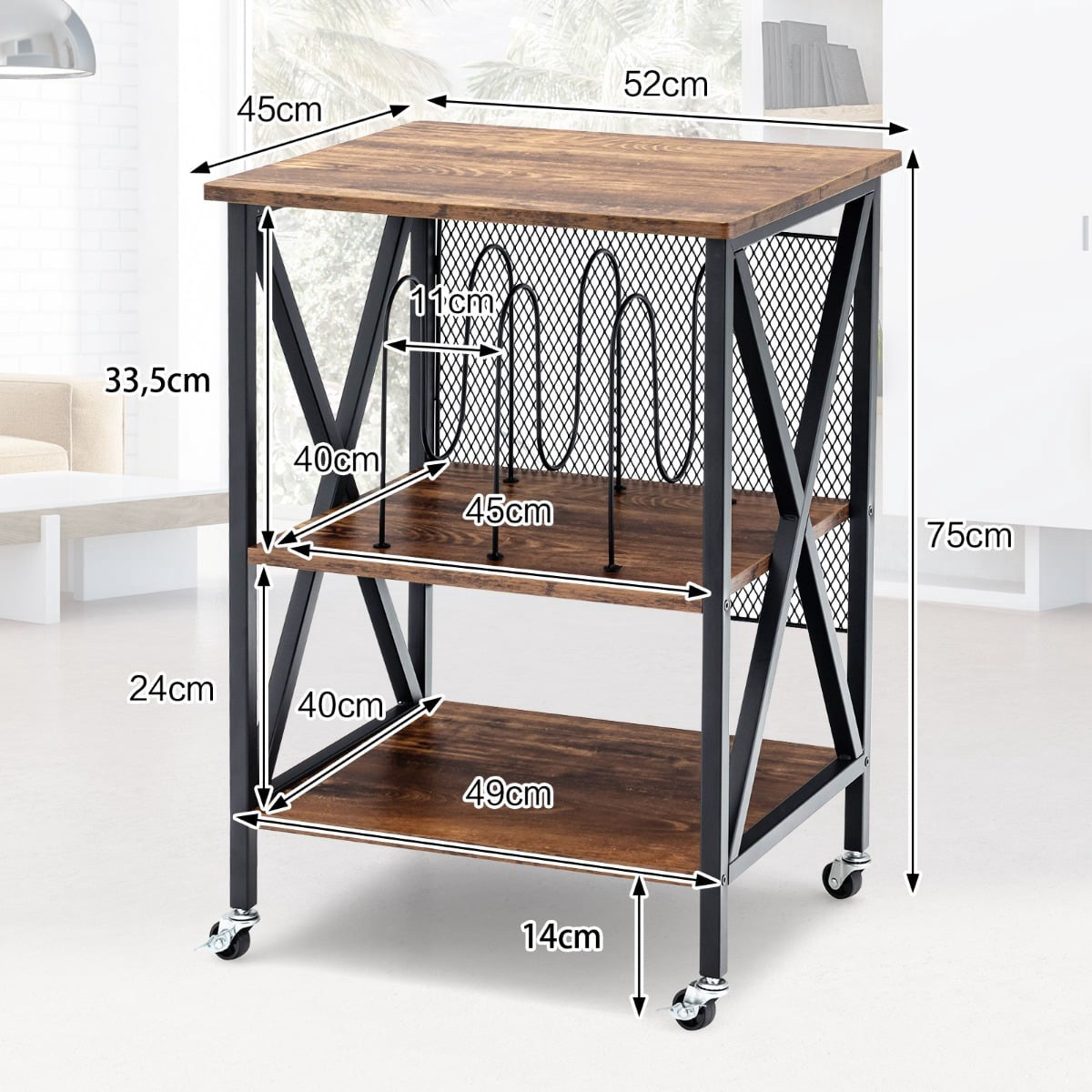 Rolling Vinyl Record Stand, 3 Shelves, 52x45x75 cm, Brown