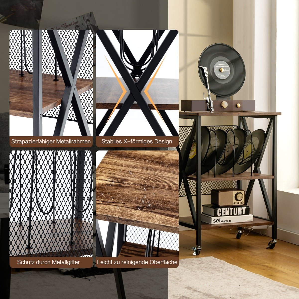 Rolling Vinyl Record Stand, 3 Shelves, 52x45x75 cm, Brown