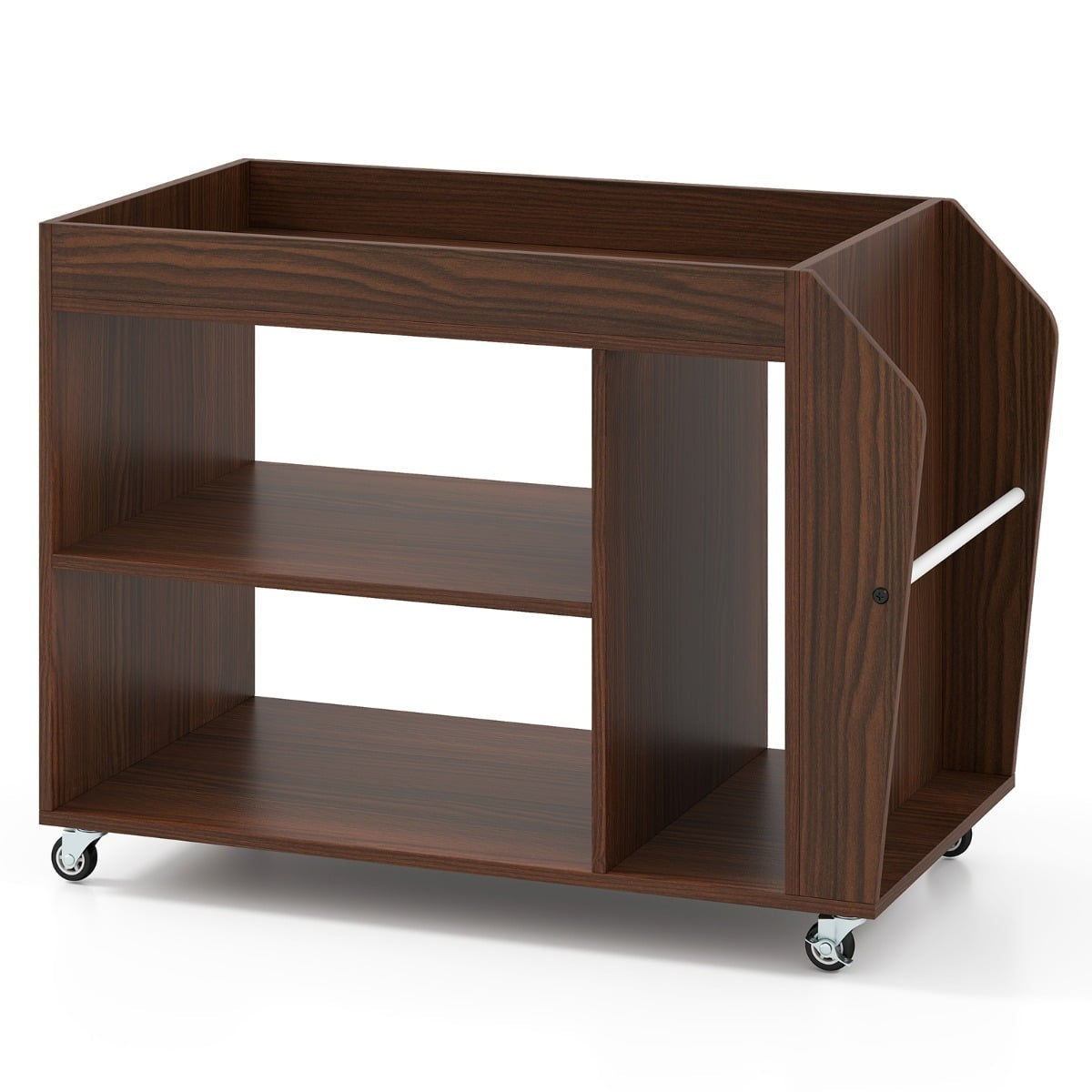 Rolling Walnut Side Table with 3 Tiers and Storage Shelves