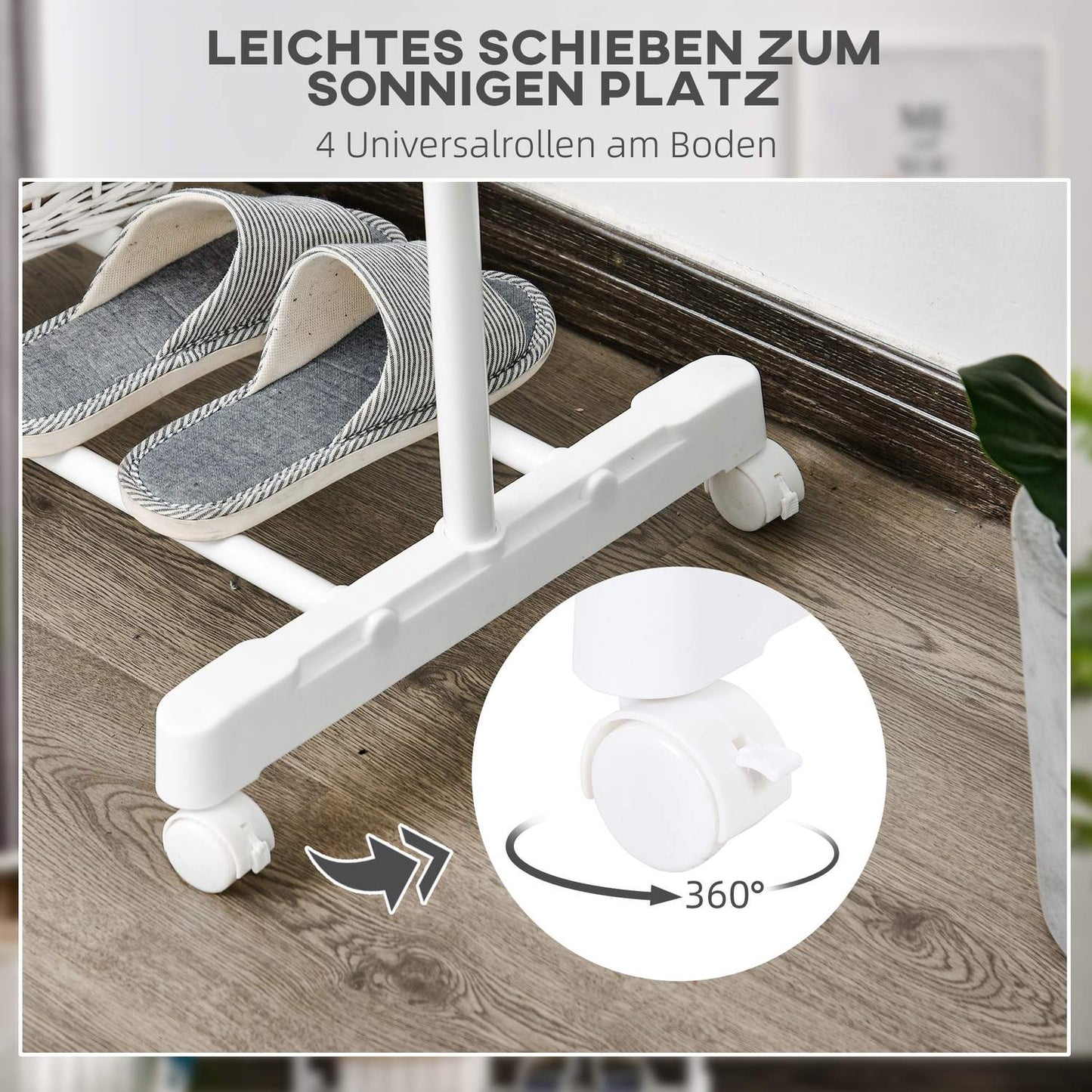Rolling coat rack, height-adjustable, with lower shelf, 4 wheels, white
