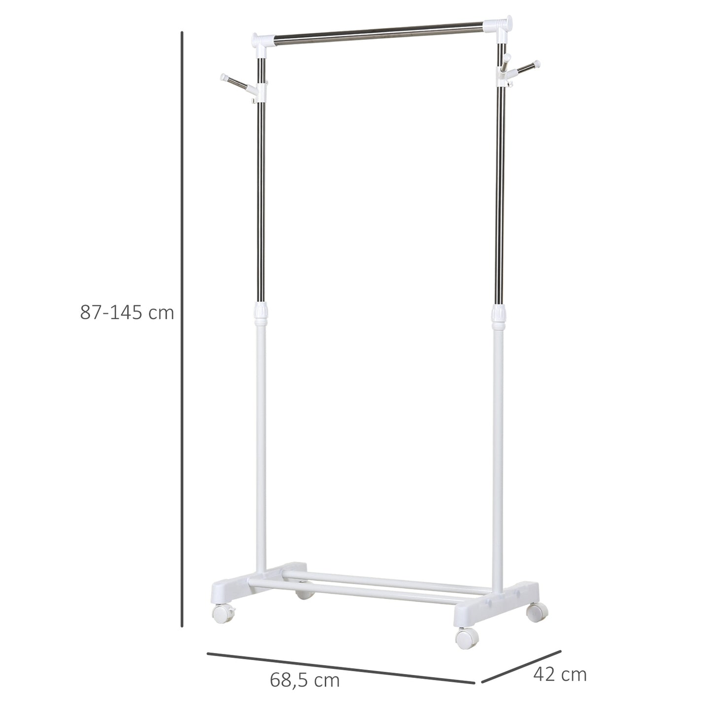 Rolling coat rack, height-adjustable, with lower shelf, 4 wheels, white