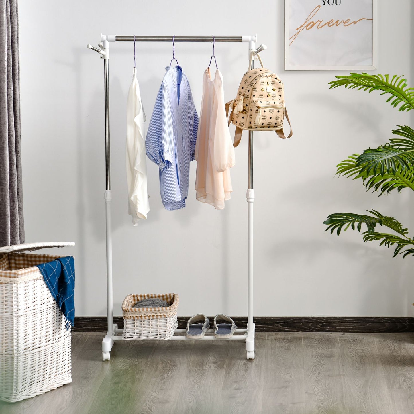 Rolling coat rack, height-adjustable, with lower shelf, 4 wheels, white