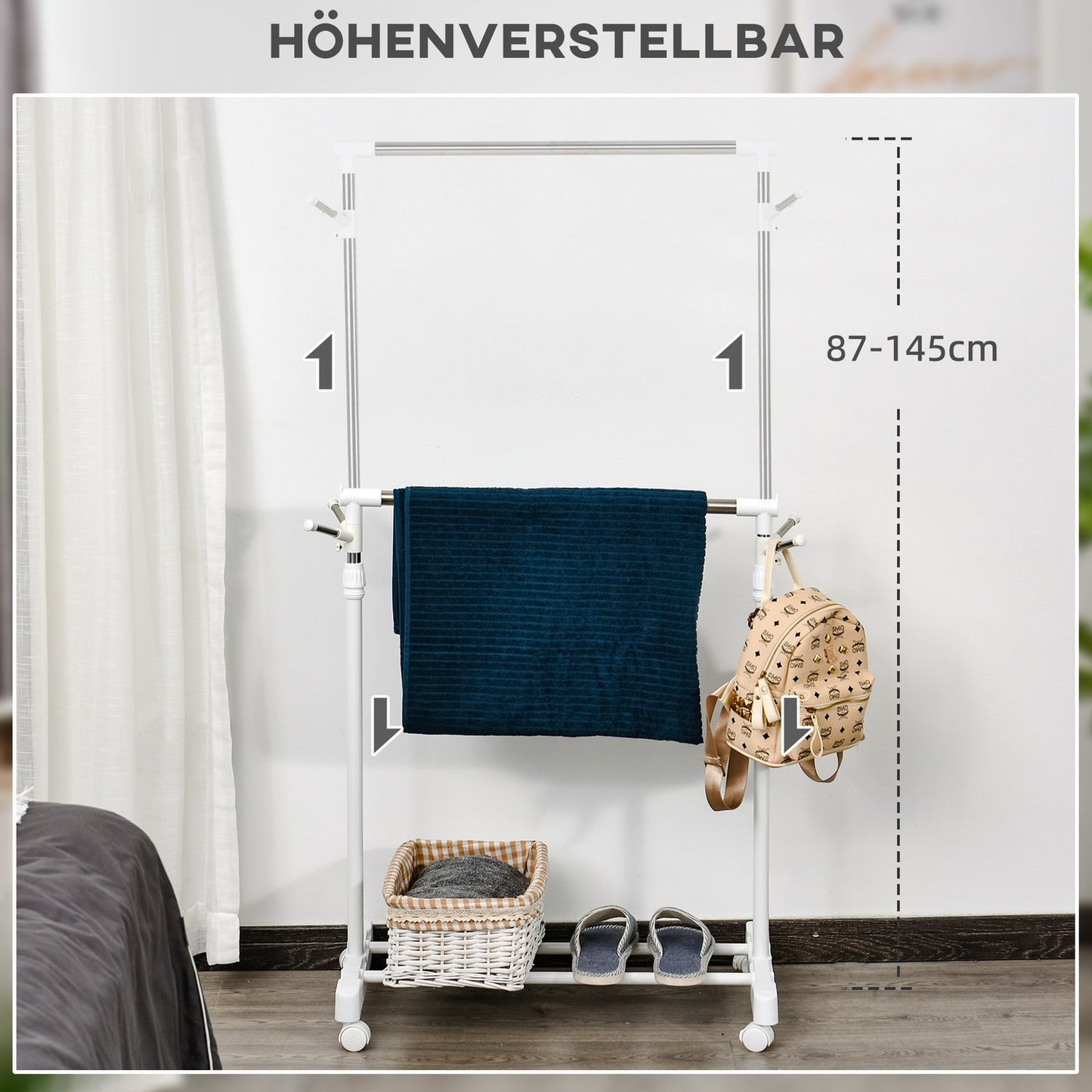 Rolling coat rack, height-adjustable, with lower shelf, 4 wheels, white