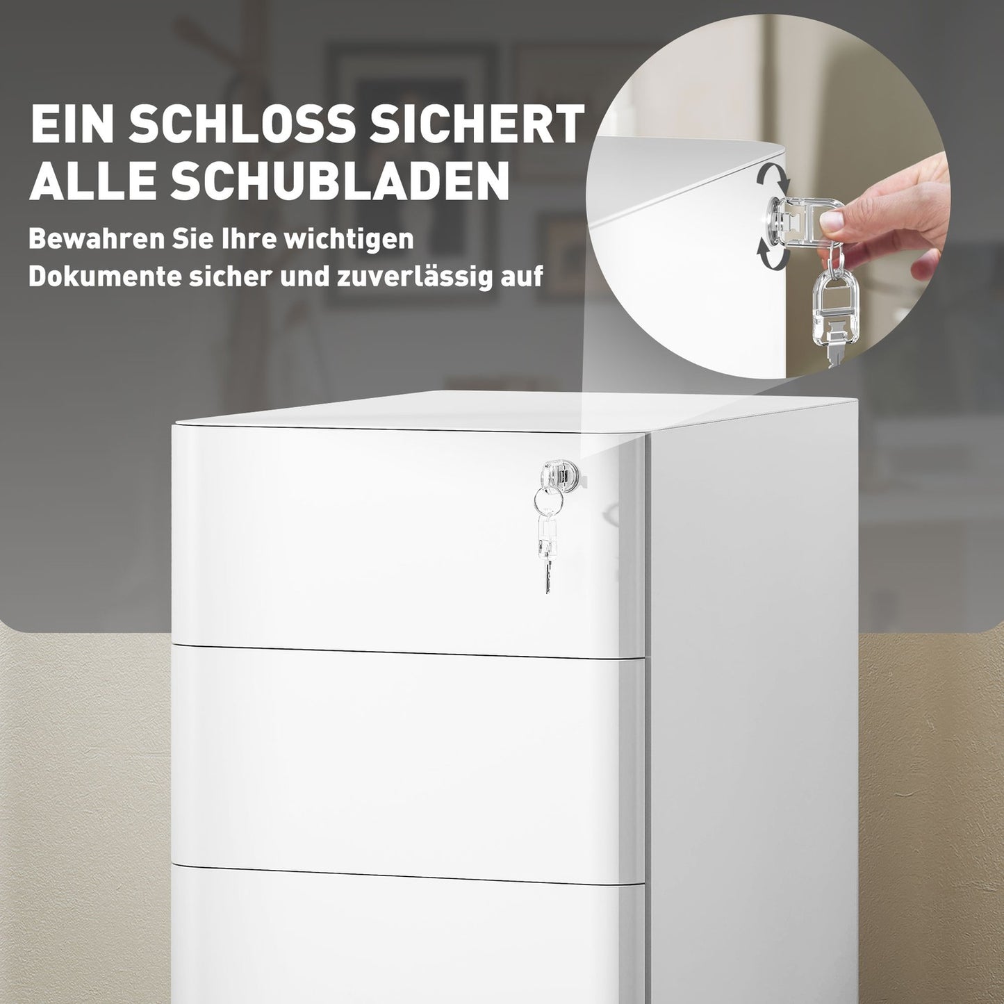 White mobile filing cabinet in steel with 3 lockable drawers