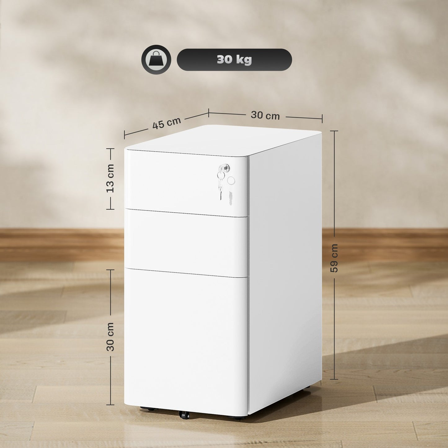 White mobile filing cabinet in steel with 3 lockable drawers