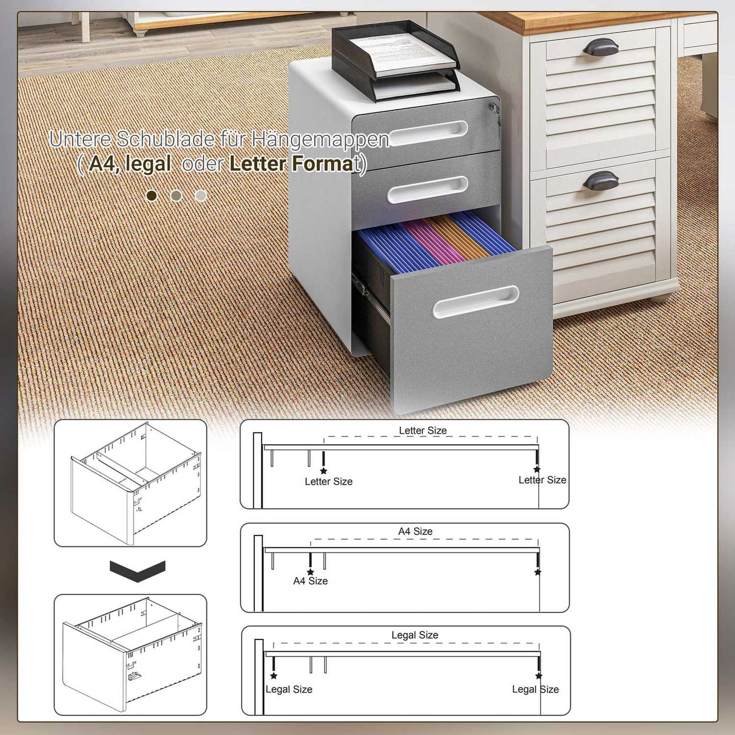 Mobile filing cabinet, lockable with 3 drawers, light grey