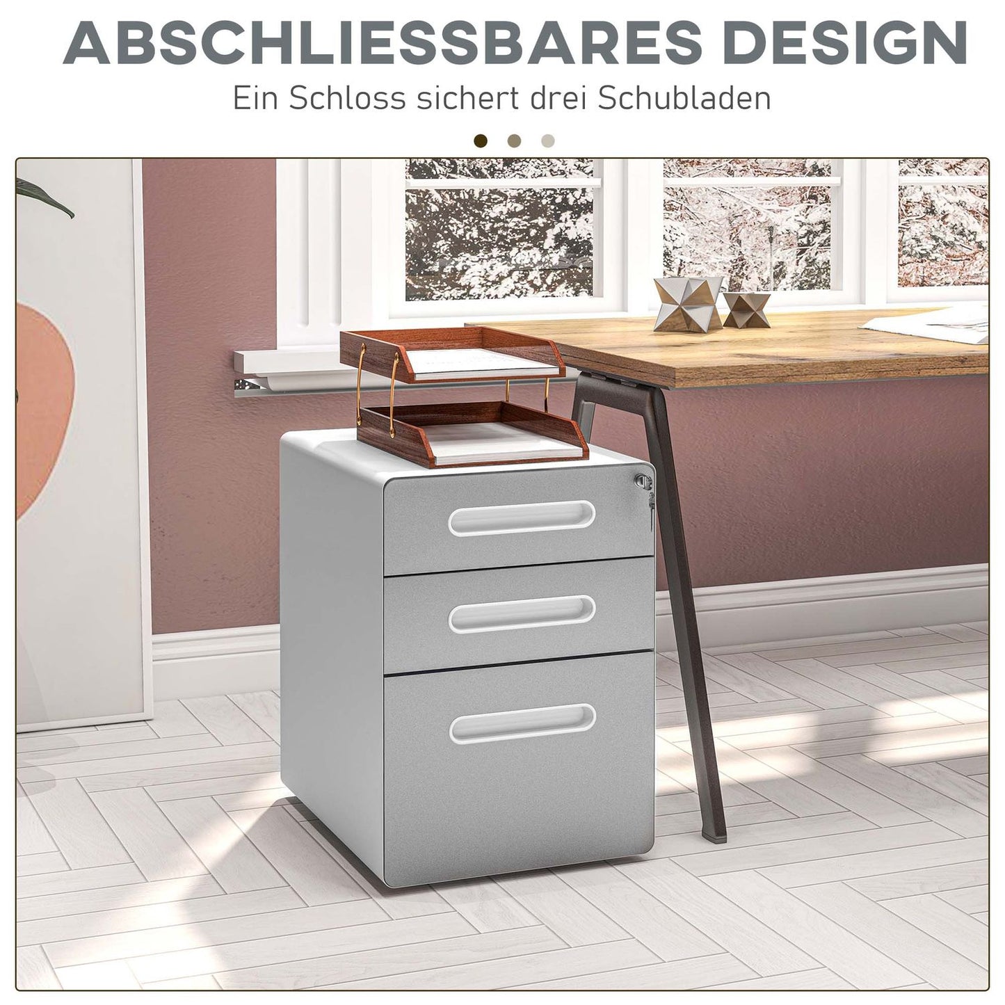 Mobile filing cabinet, lockable with 3 drawers, light grey