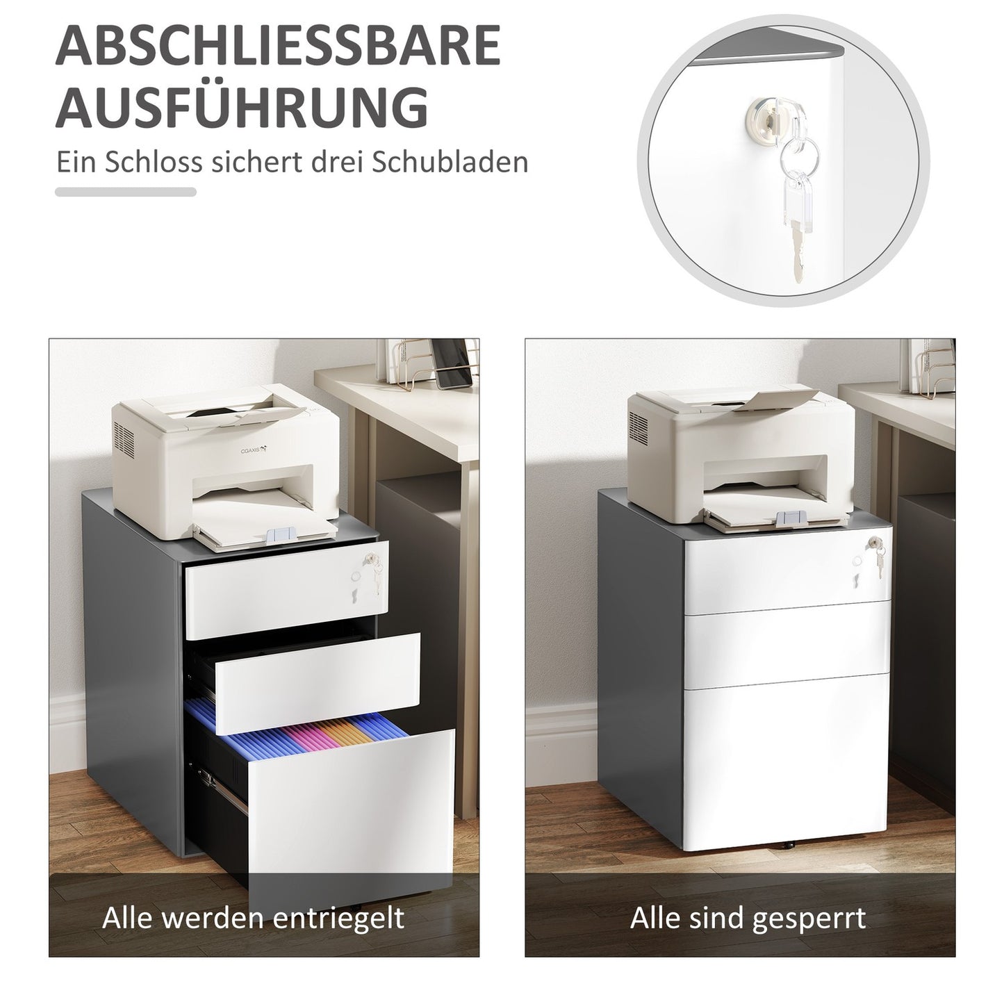 Lockable rolling filing cabinet, 3 drawers, steel, white/grey