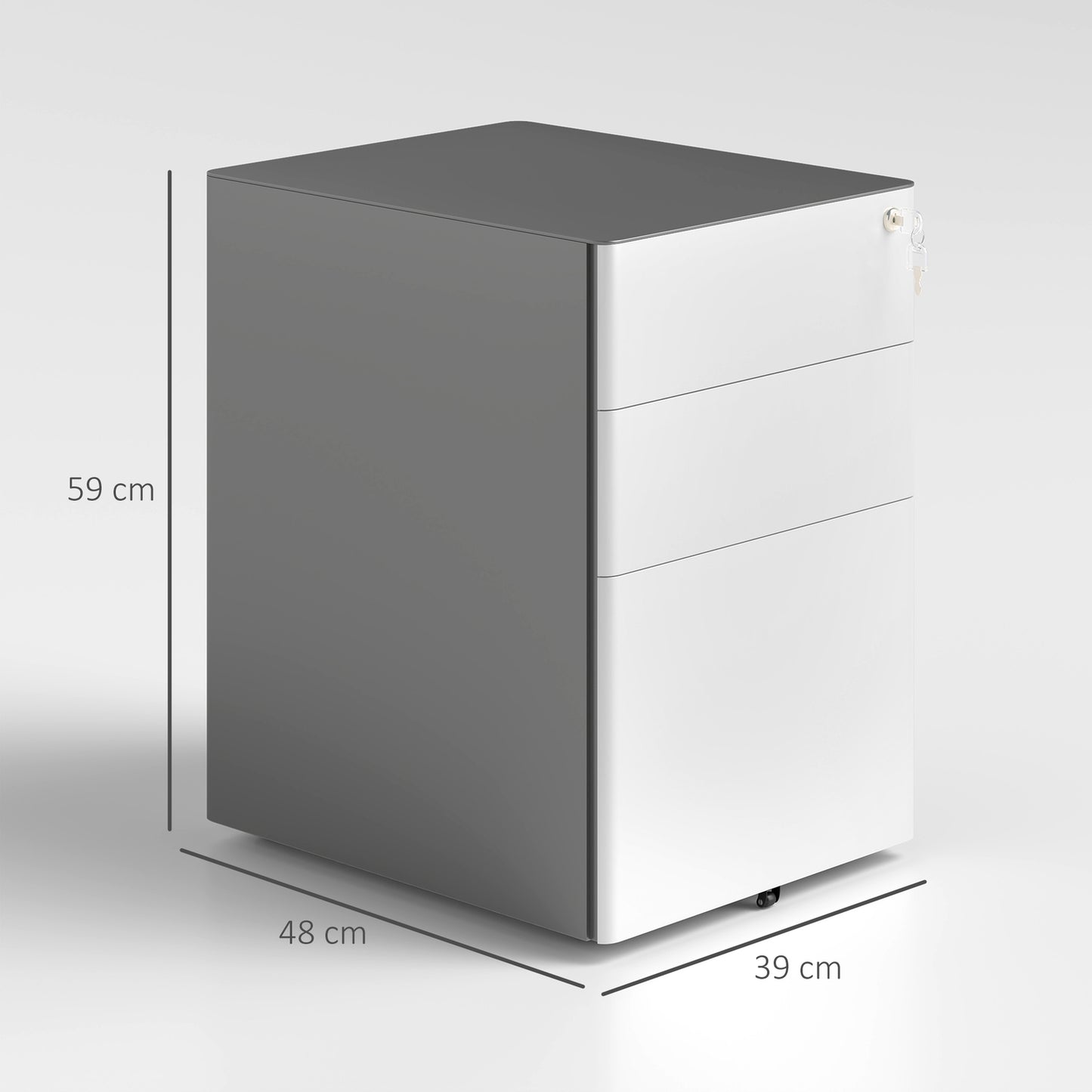 Lockable rolling filing cabinet, 3 drawers, steel, white/grey