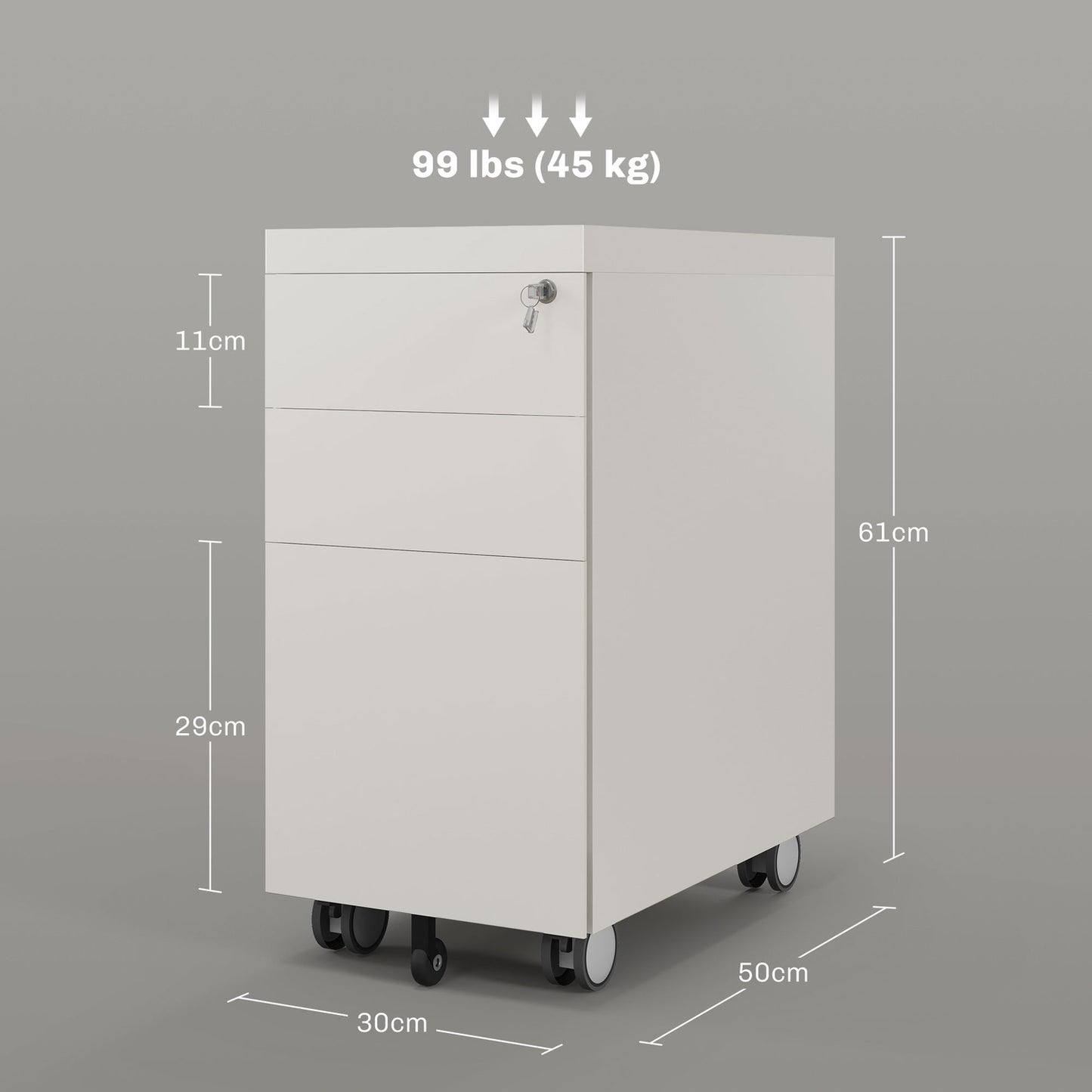 3-drawer rolling filing cabinet with lock, 30x50x61cm, white